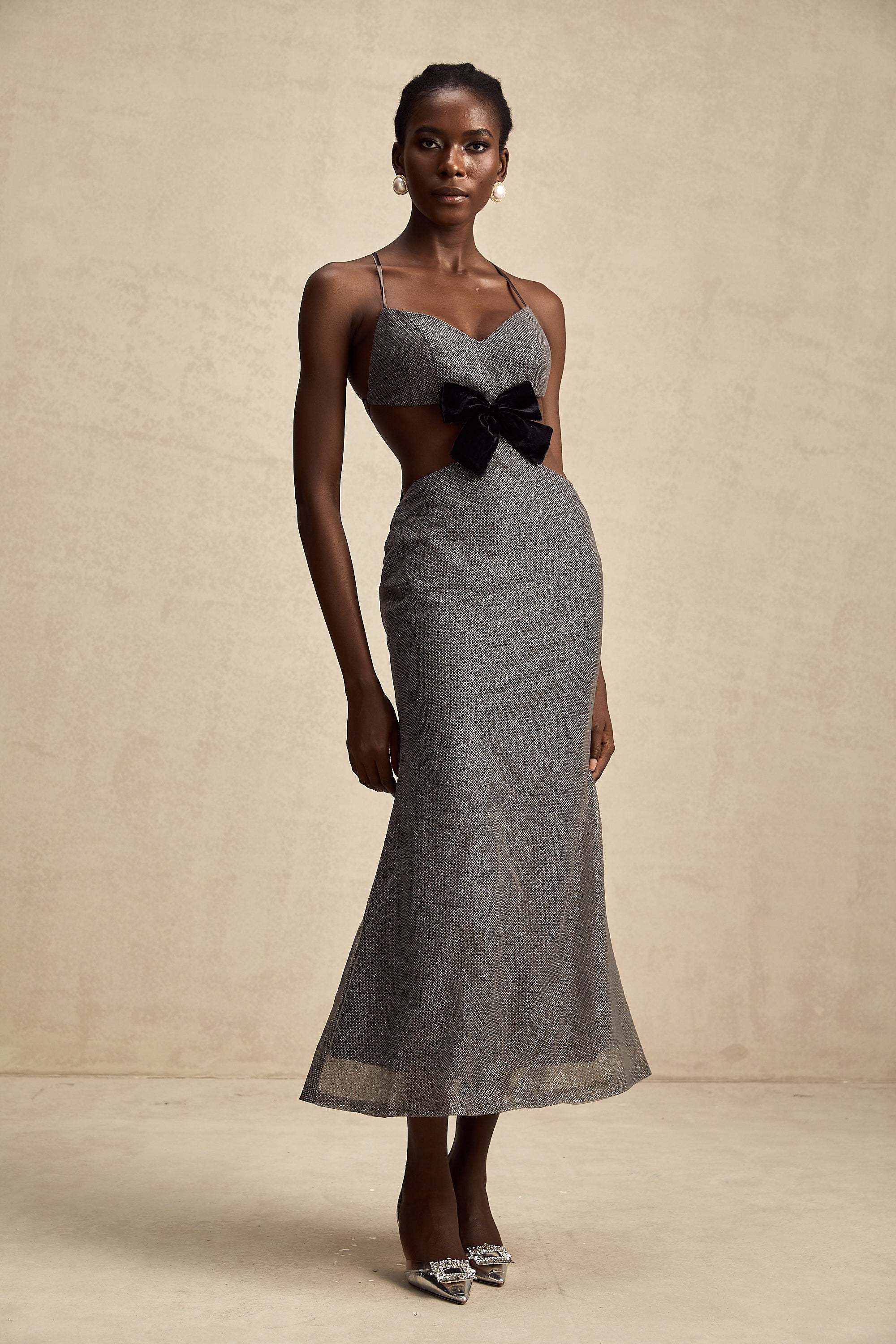 Violaine open-back bowknot sequined midi dress