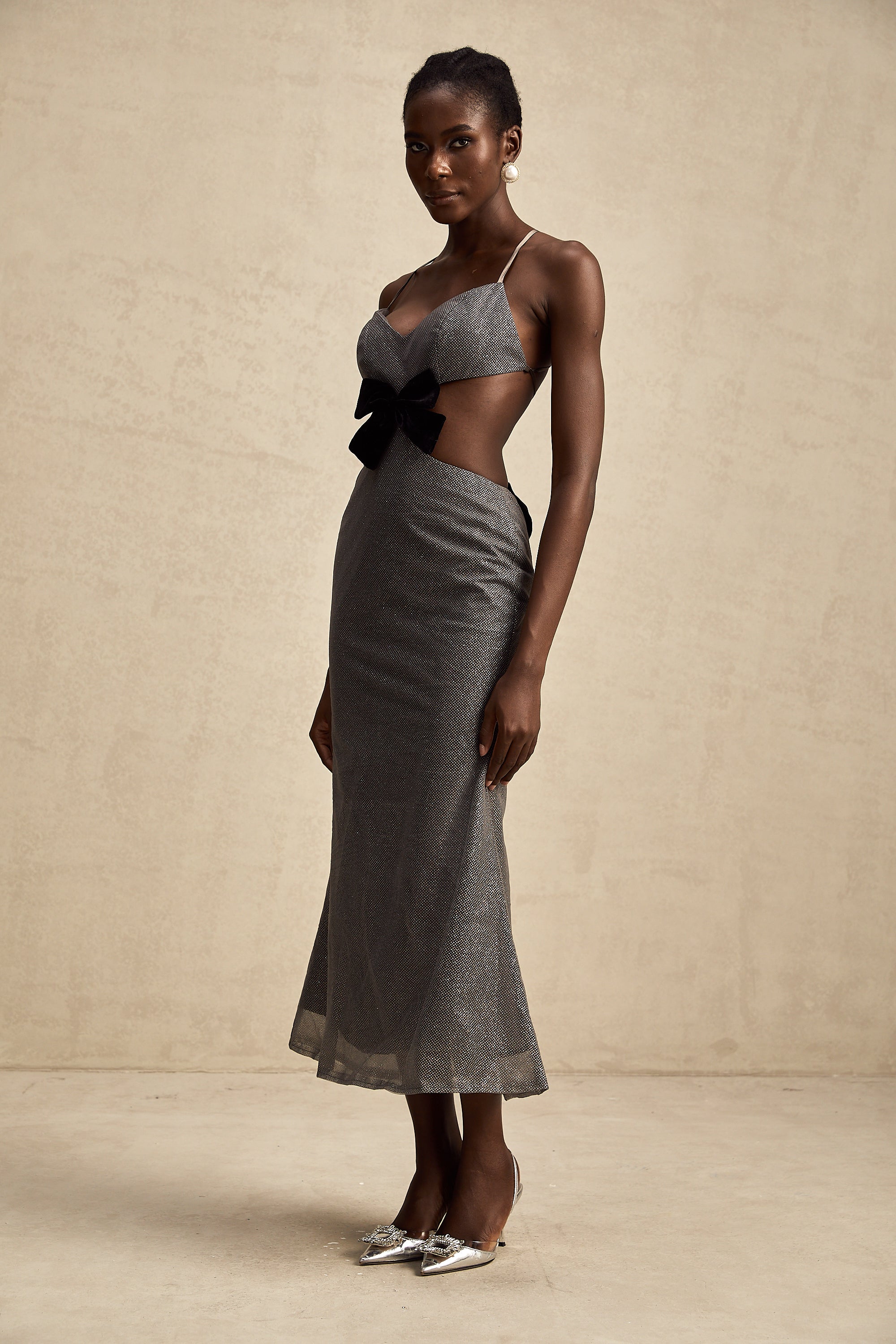 Violaine open-back bowknot sequined midi dress