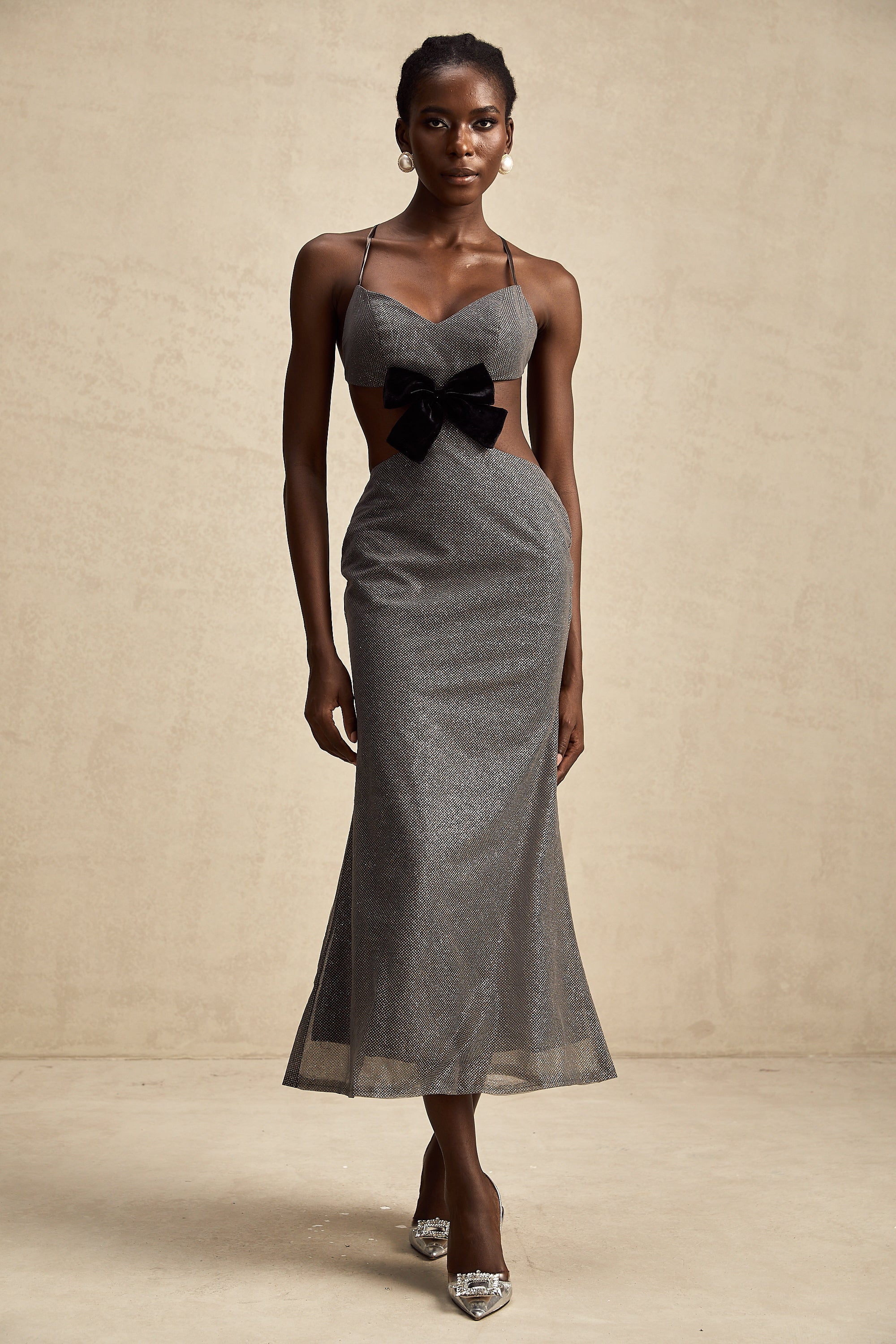 Violaine open-back bowknot sequined midi dress