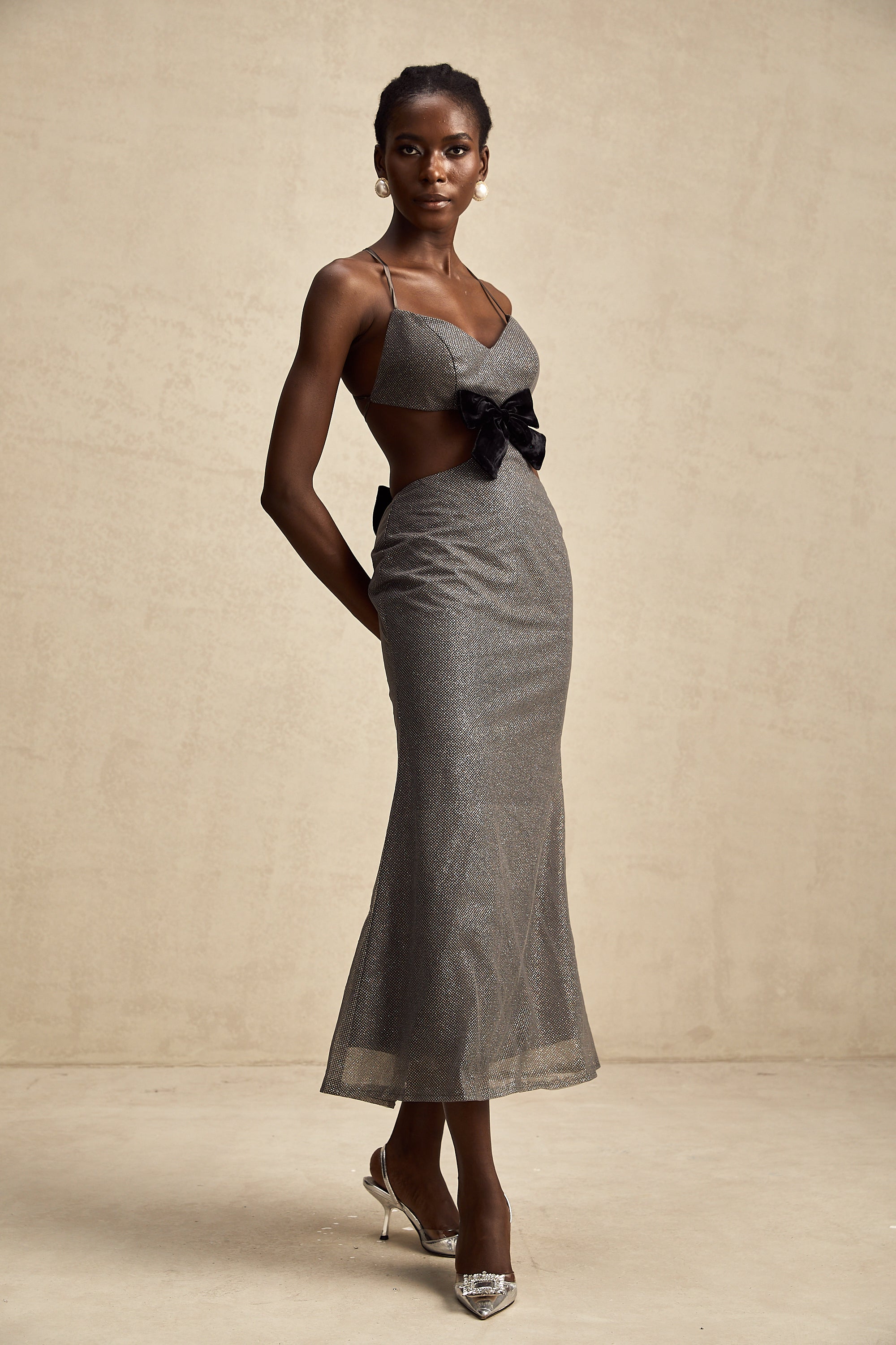 Violaine open-back bowknot sequined midi dress