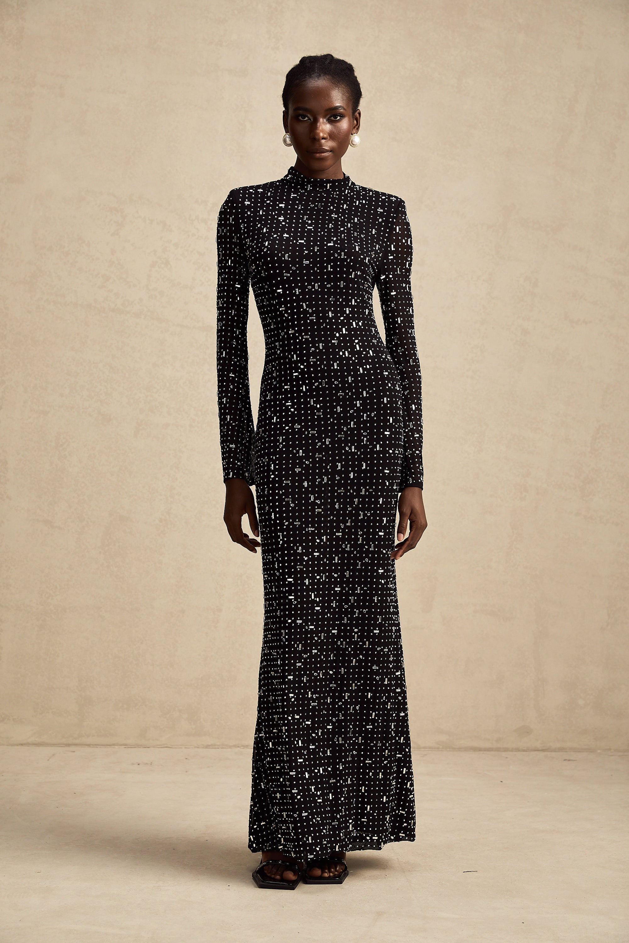 Léna black embellished semi-sheer maxi dress (Final Sale)