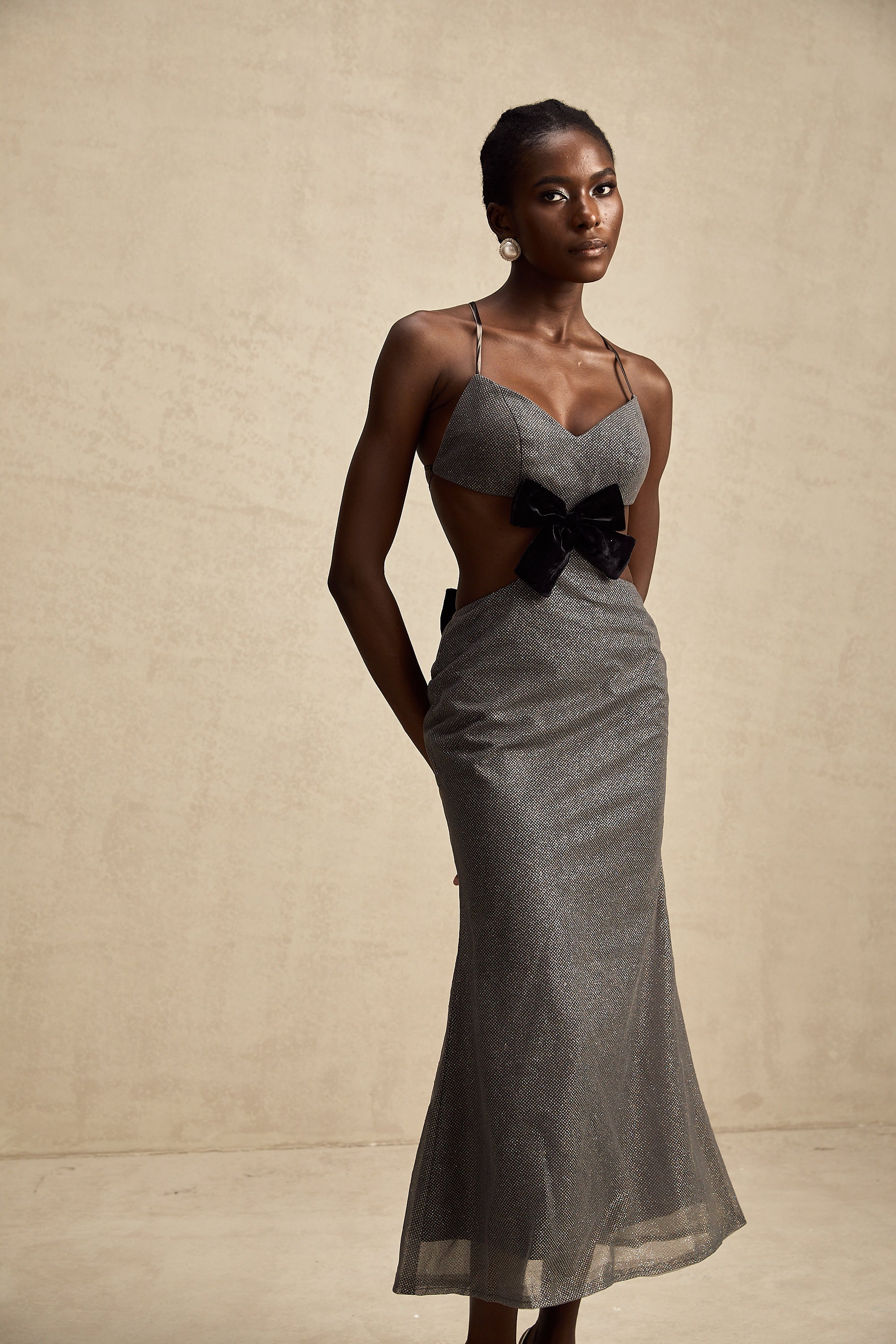 Violaine open-back bowknot sequined midi dress