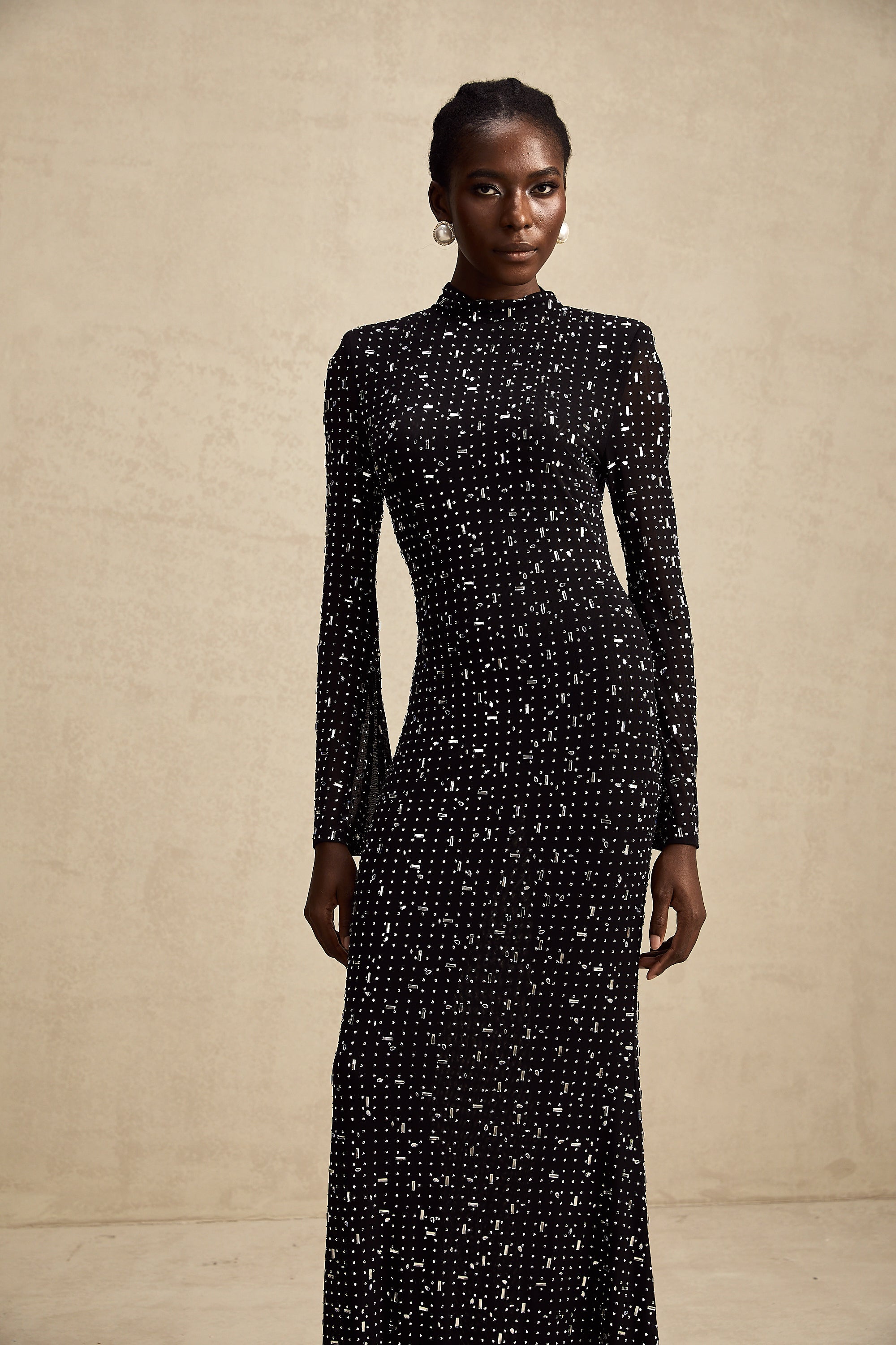 Léna black embellished semi-sheer maxi dress (Final Sale)
