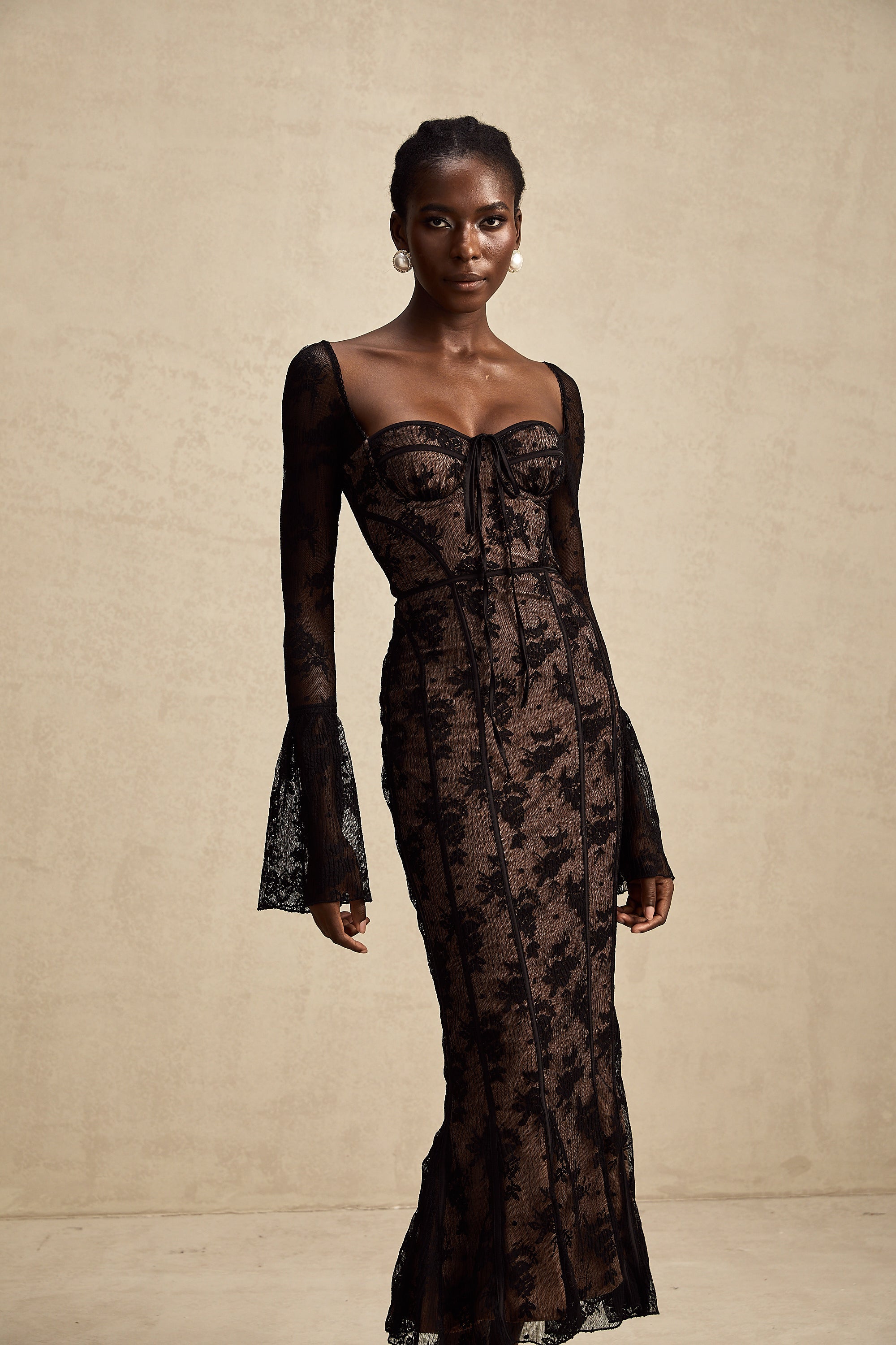 Marlene Black Flared Lace Maxi Dress (Final Sale-US Only)