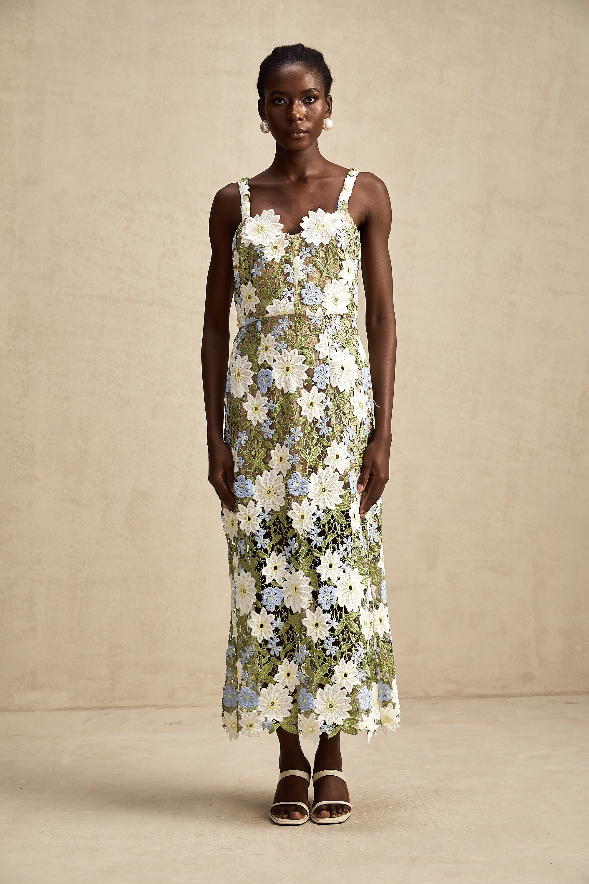 Carla floral embroidered hollow-carved midi dress (Final Sale)
