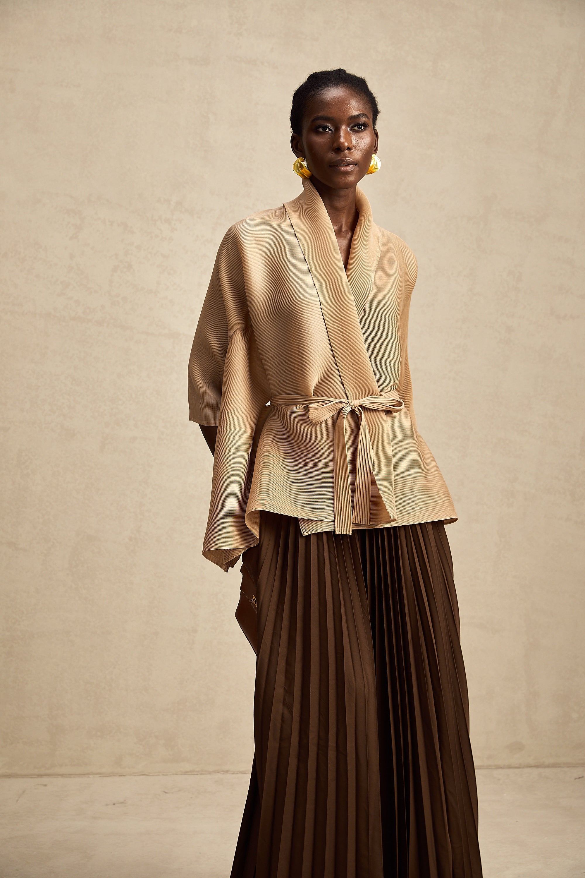 Adèle cape-design pleated top & skirt matching set