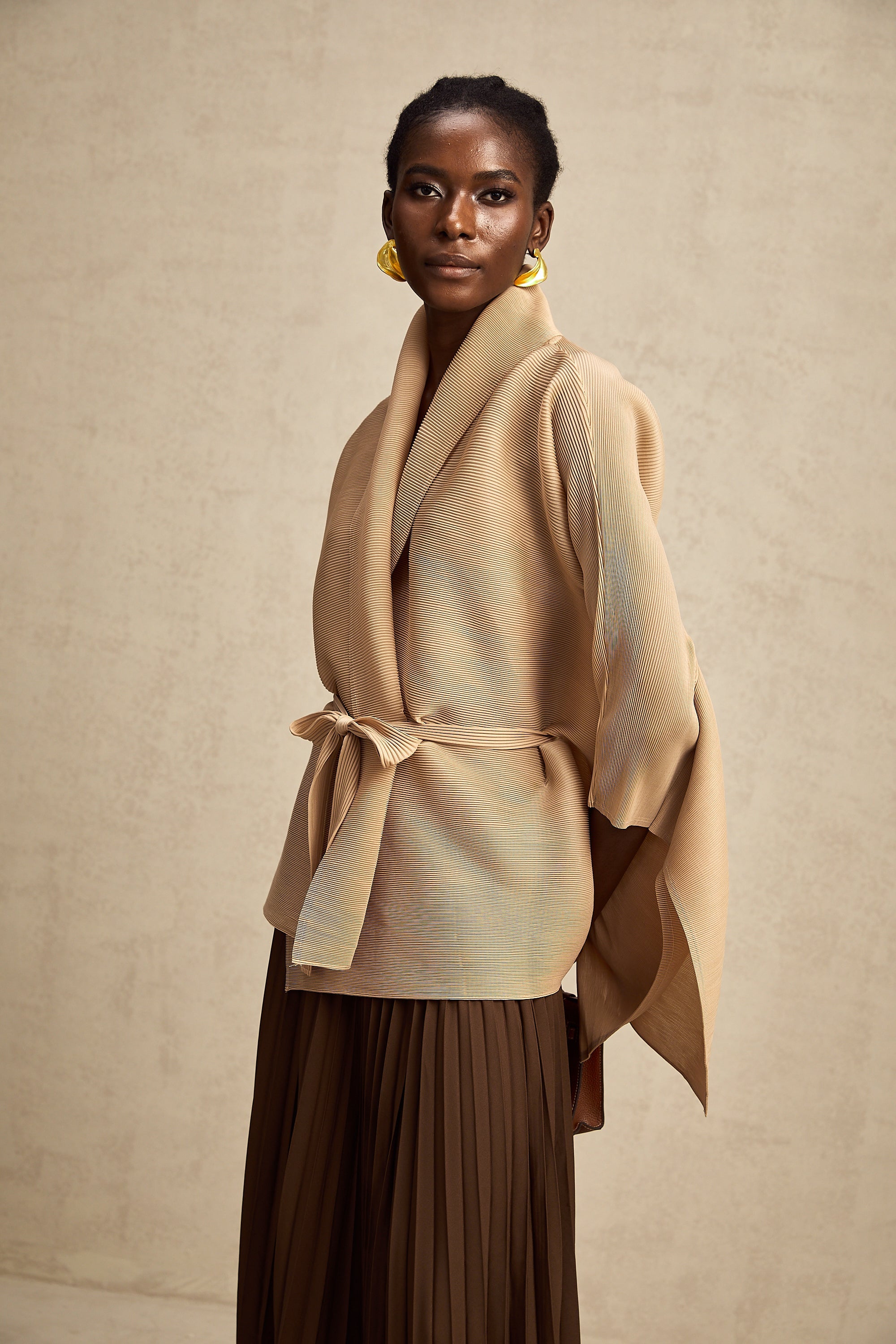 Adèle cape-design pleated top & skirt matching set