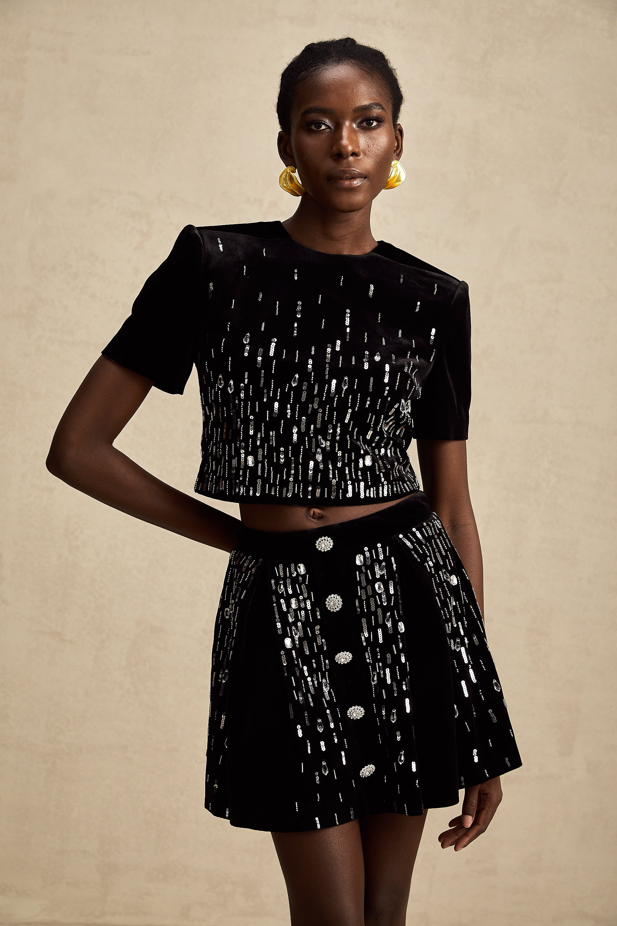Isabeau black velvet embellished top & skirt matching set (US Only)