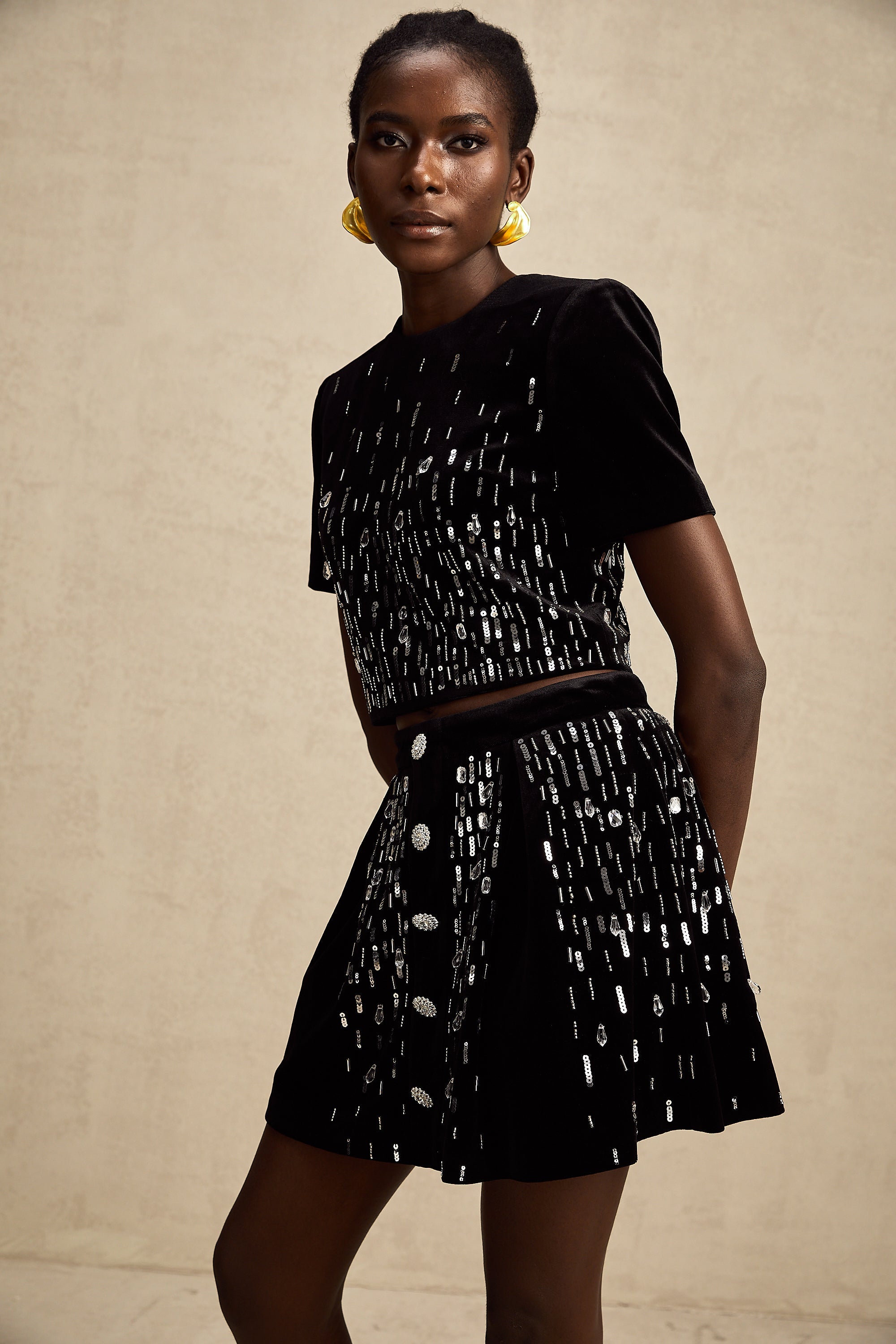 Isabeau black velvet embellished top & skirt matching set (US Only)