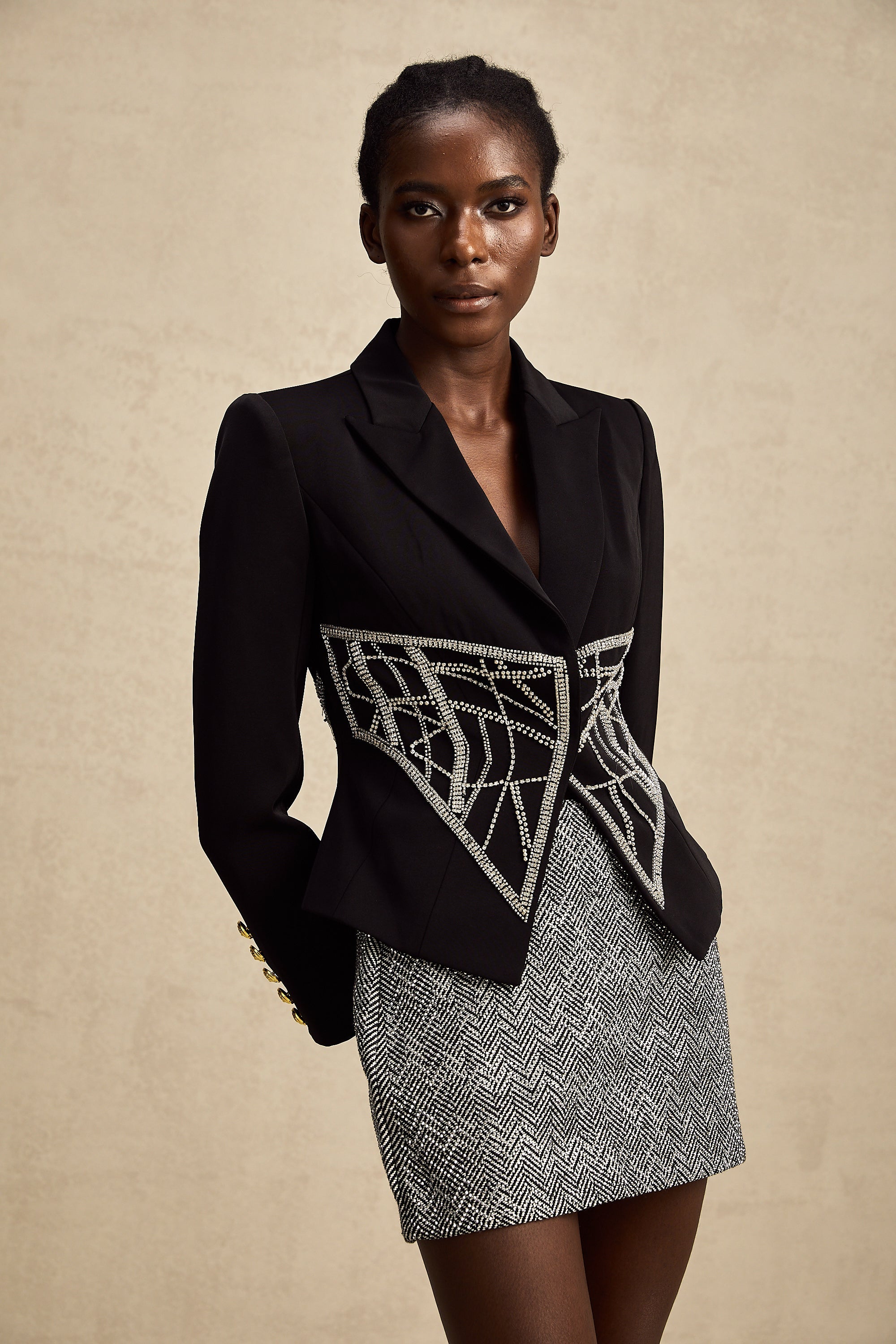 Geneviève black embellished cinched-waist jacket (US Only)