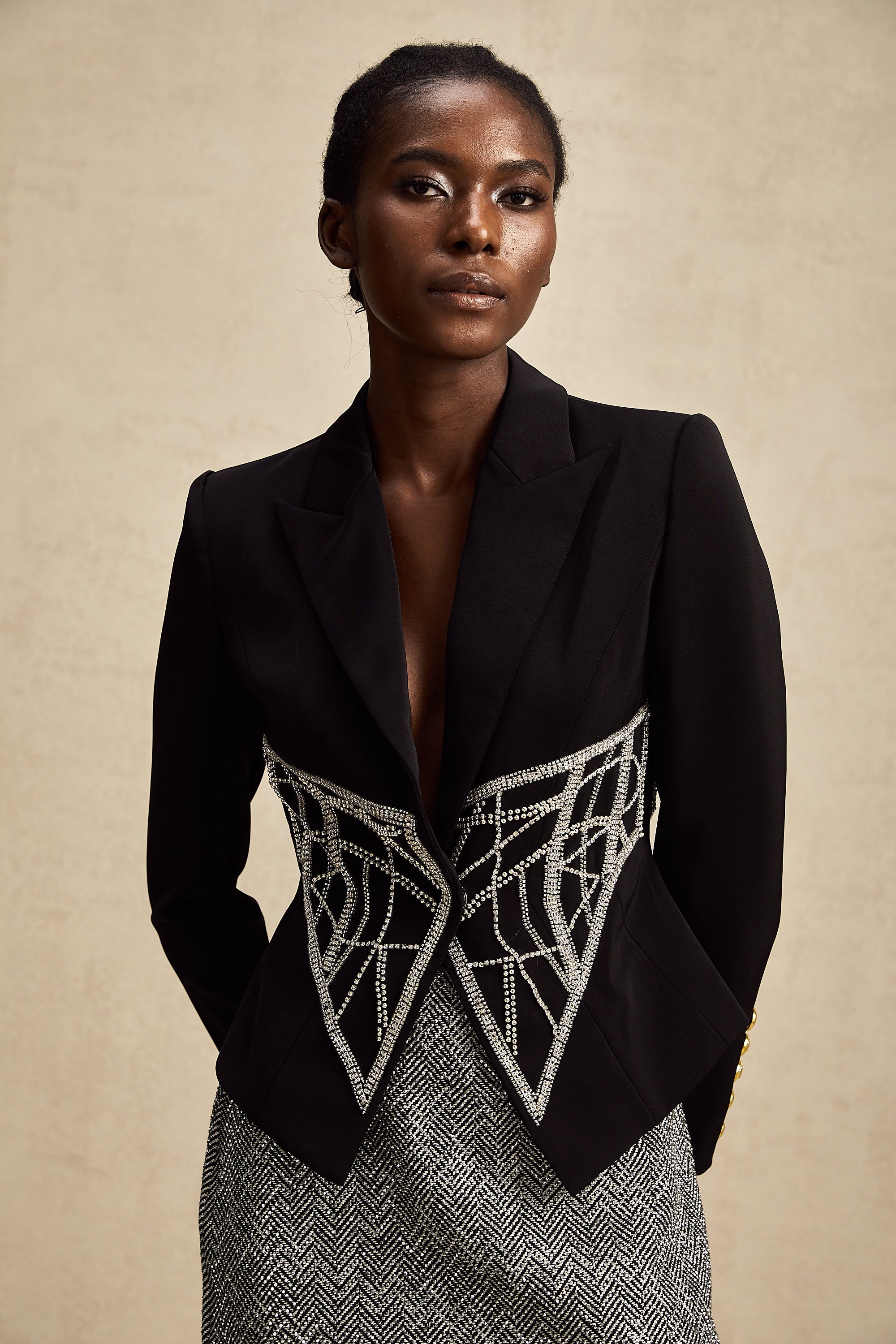 Geneviève black embellished cinched-waist jacket