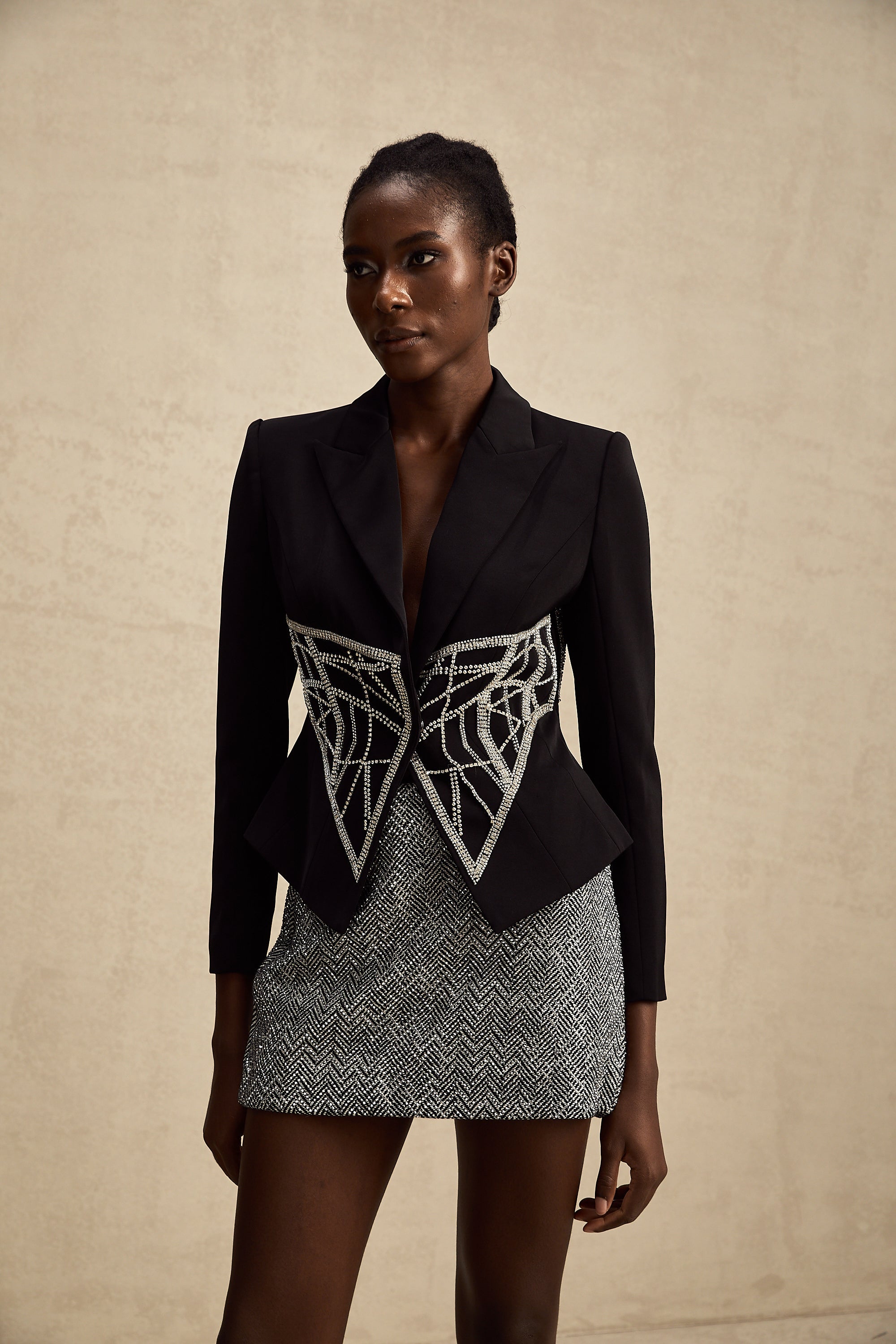 Geneviève black embellished cinched-waist jacket