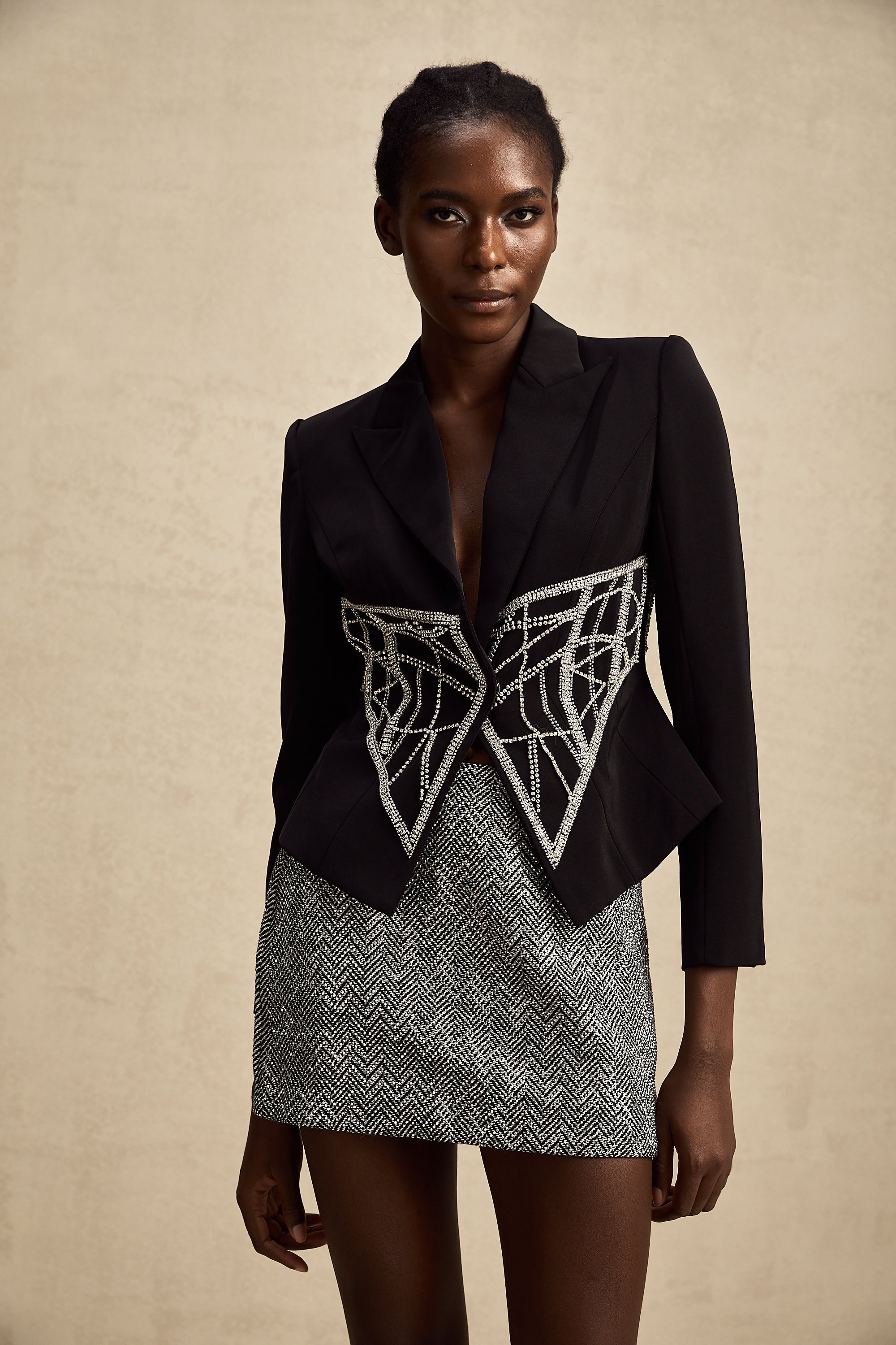 Geneviève black embellished cinched-waist jacket