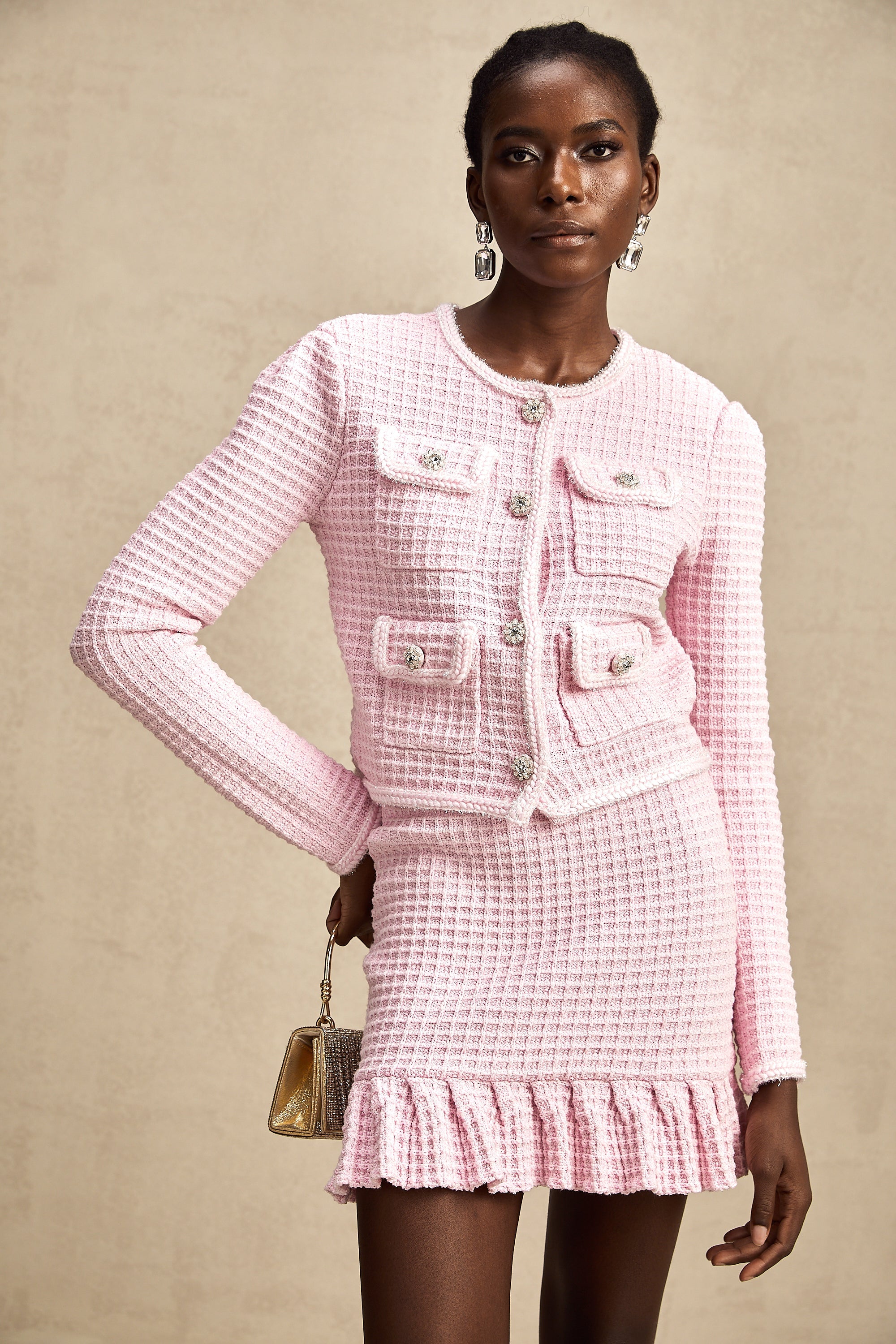 Fabienne pink waffle-knit jacket & skirt matching set (Final Sale)