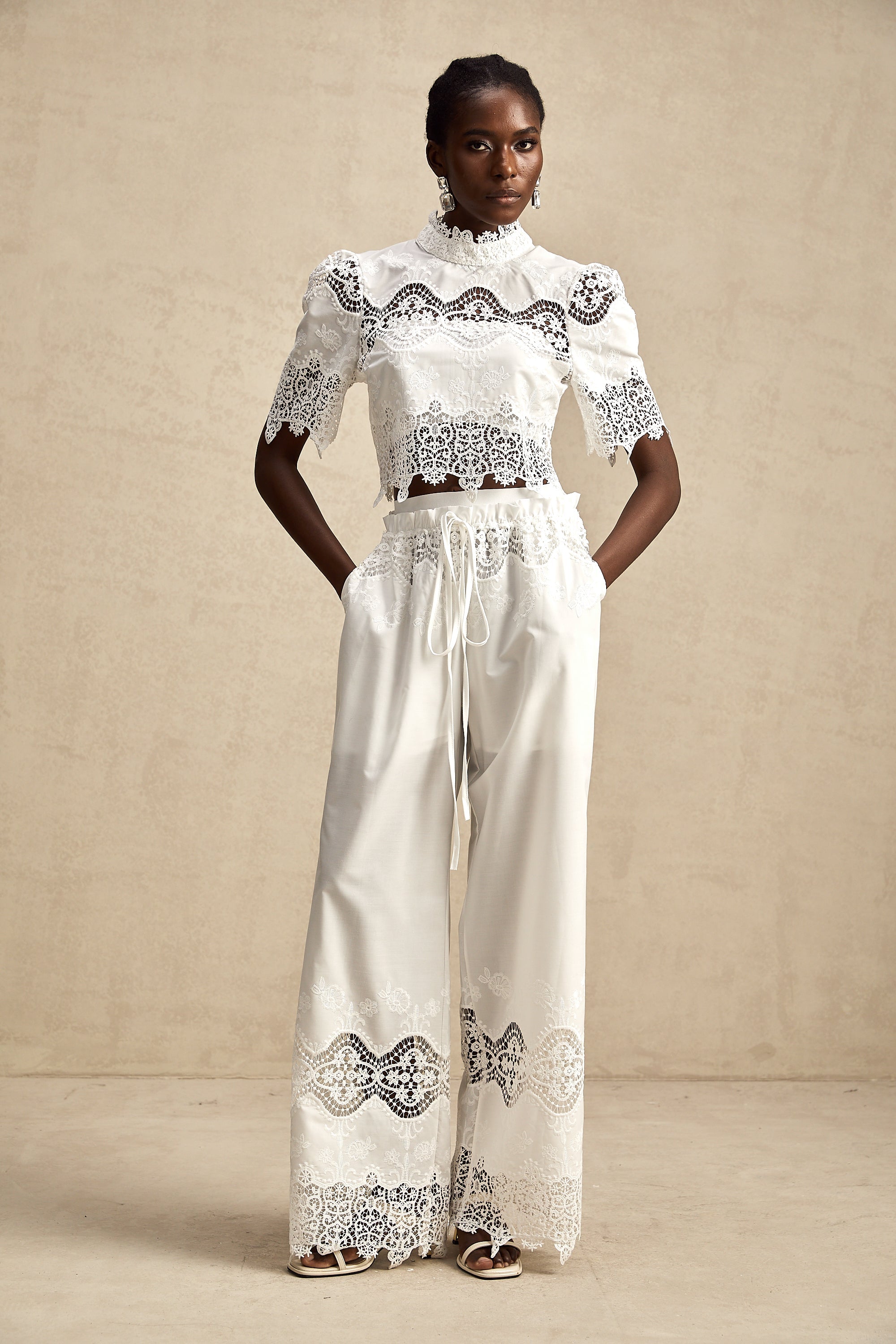 Raphaëlle lace-trim cut-out cropped top & trousers matching set (Final Sale-US Only)