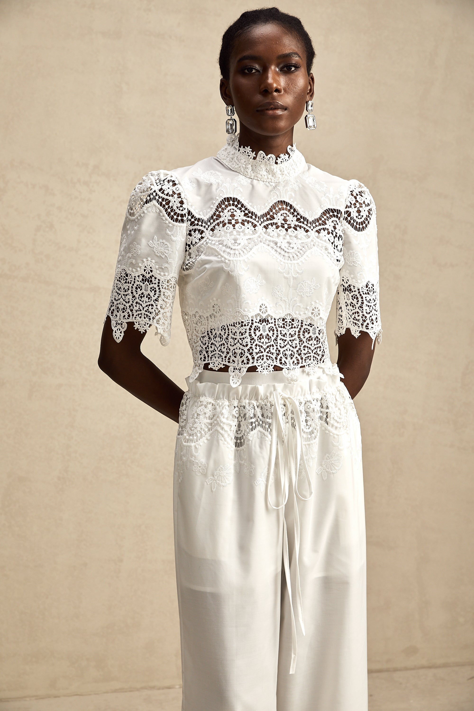 Raphaëlle lace-trim cut-out cropped top & trousers matching set (Final Sale-US Only)