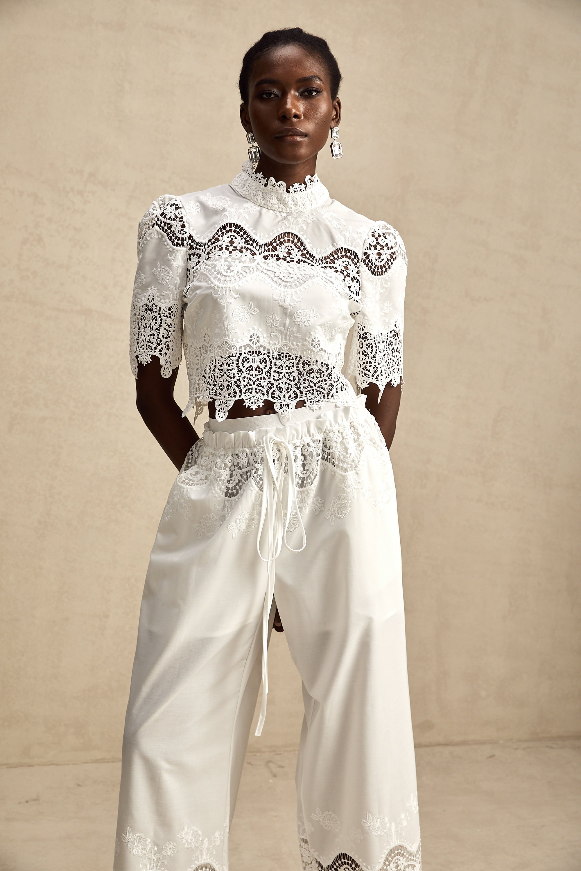 Raphaëlle lace-trim cut-out cropped top & trousers matching set (Final Sale-US Only)