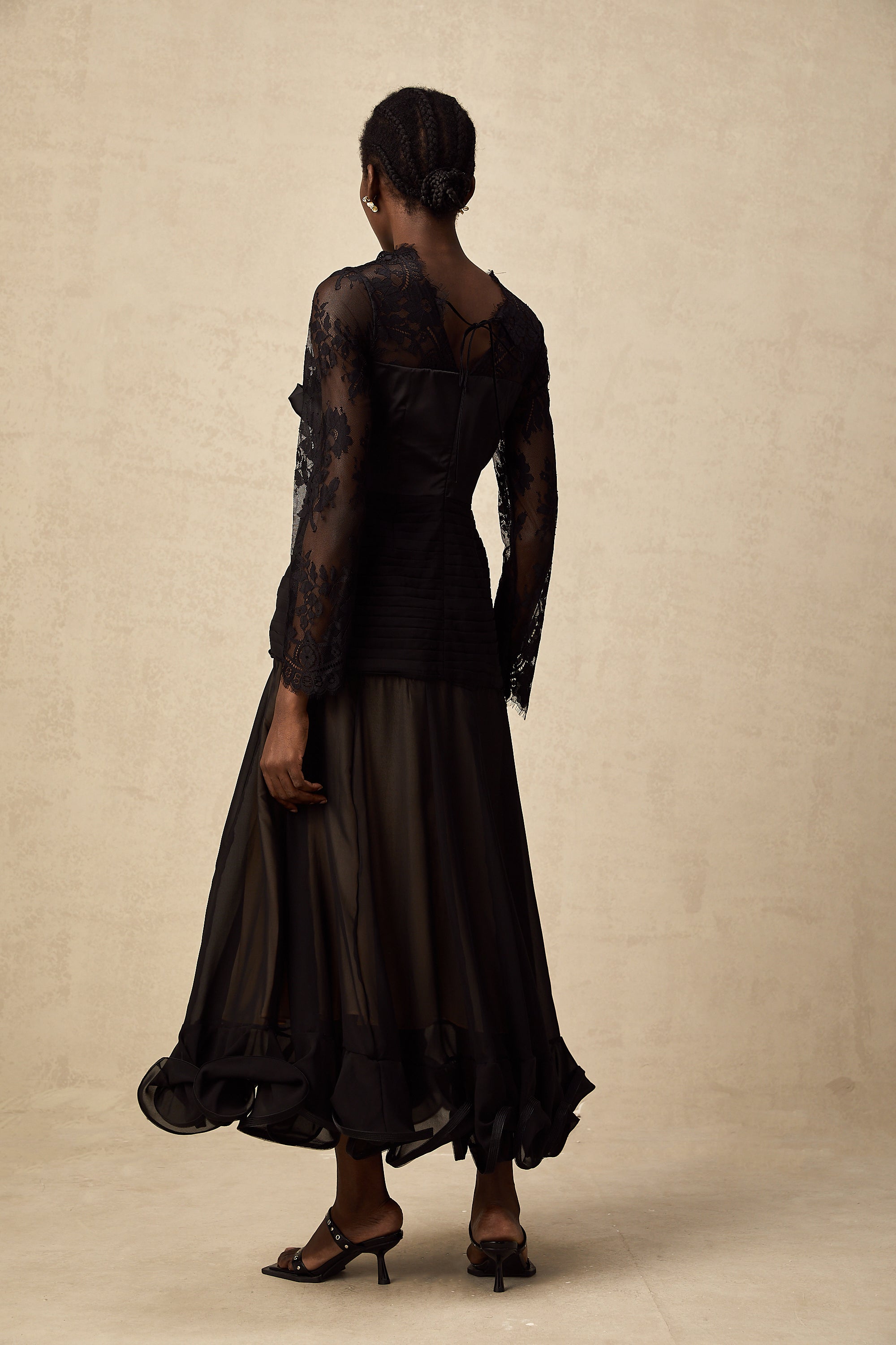 Amélie black floral-lace panelled midi dress (US Only)