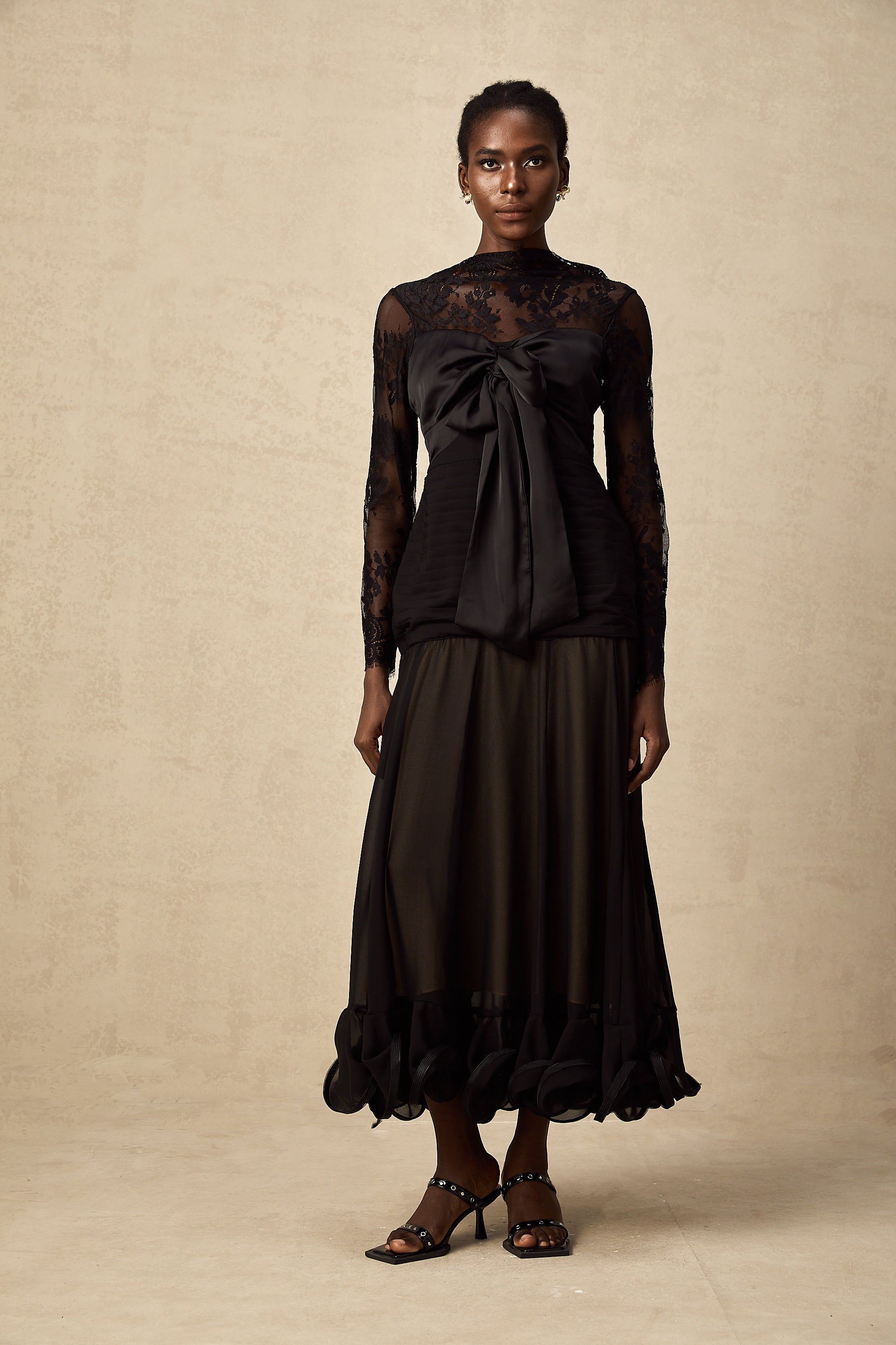 Amélie black floral-lace panelled midi dress (US Only)