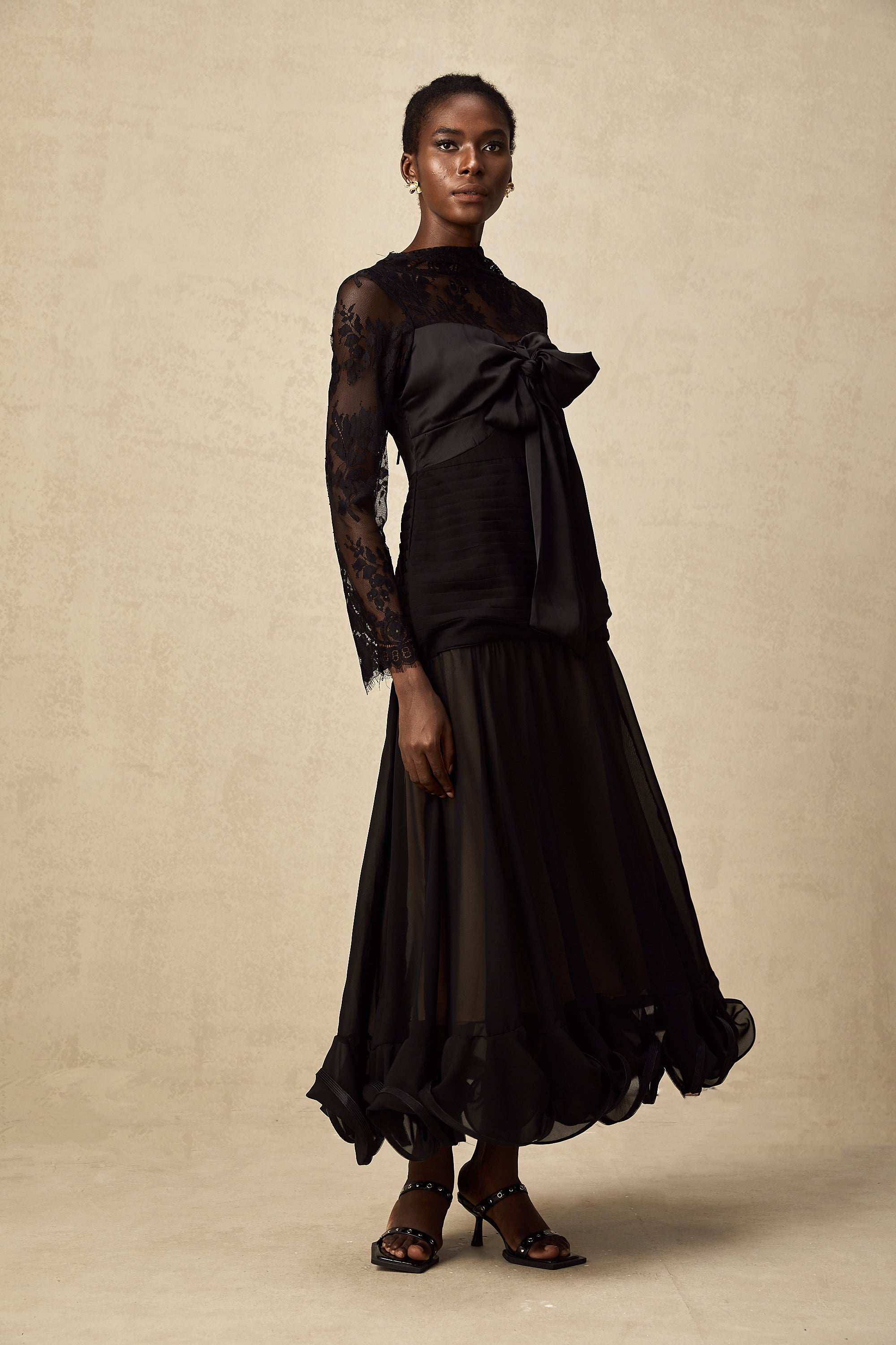 Amélie black floral-lace panelled midi dress (US Only)