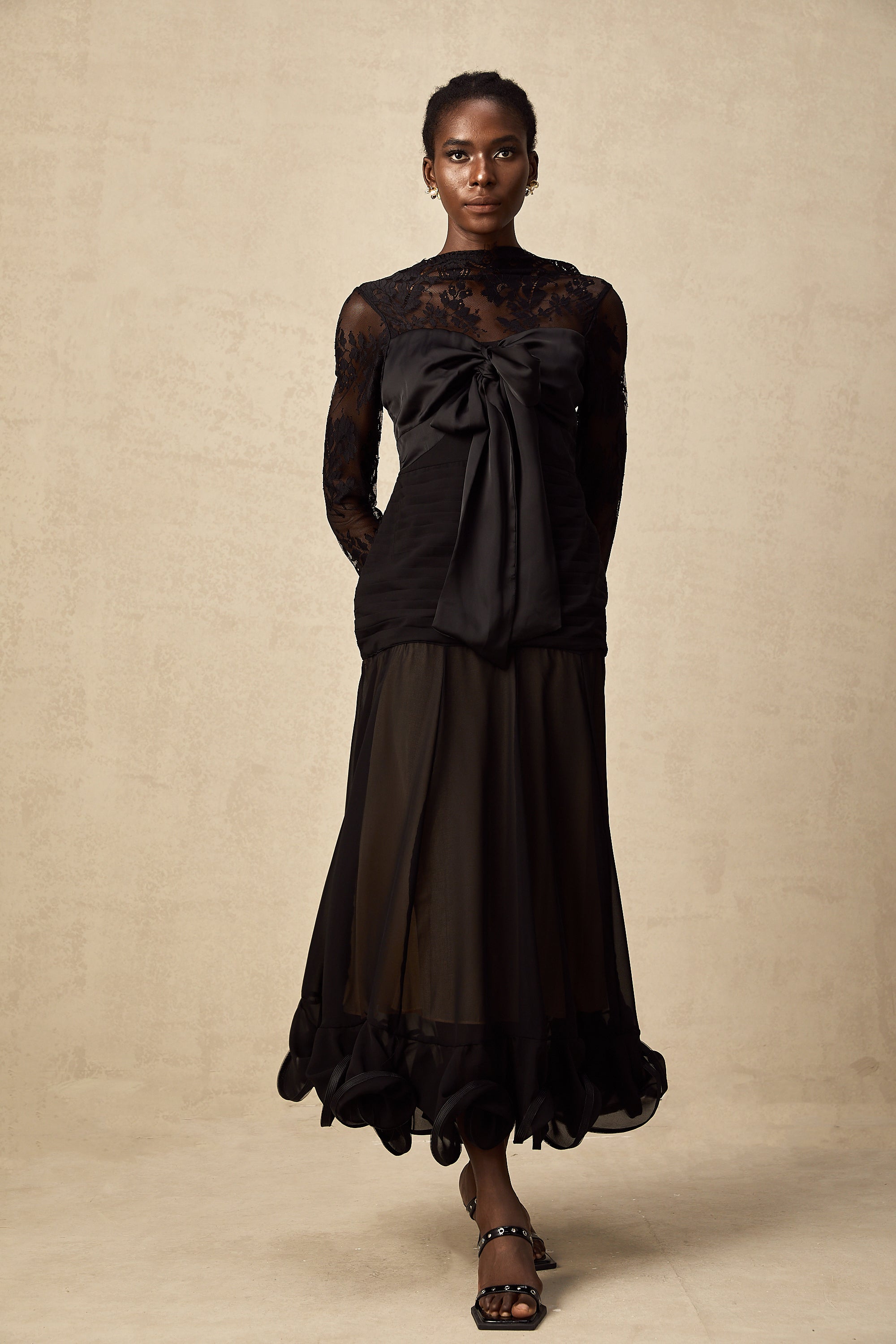 Amélie black floral-lace panelled midi dress (US Only)