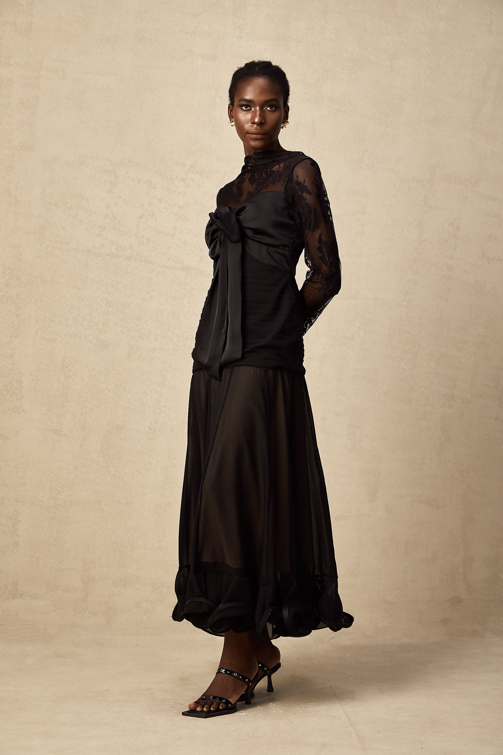 Amélie black floral-lace panelled midi dress (US Only)