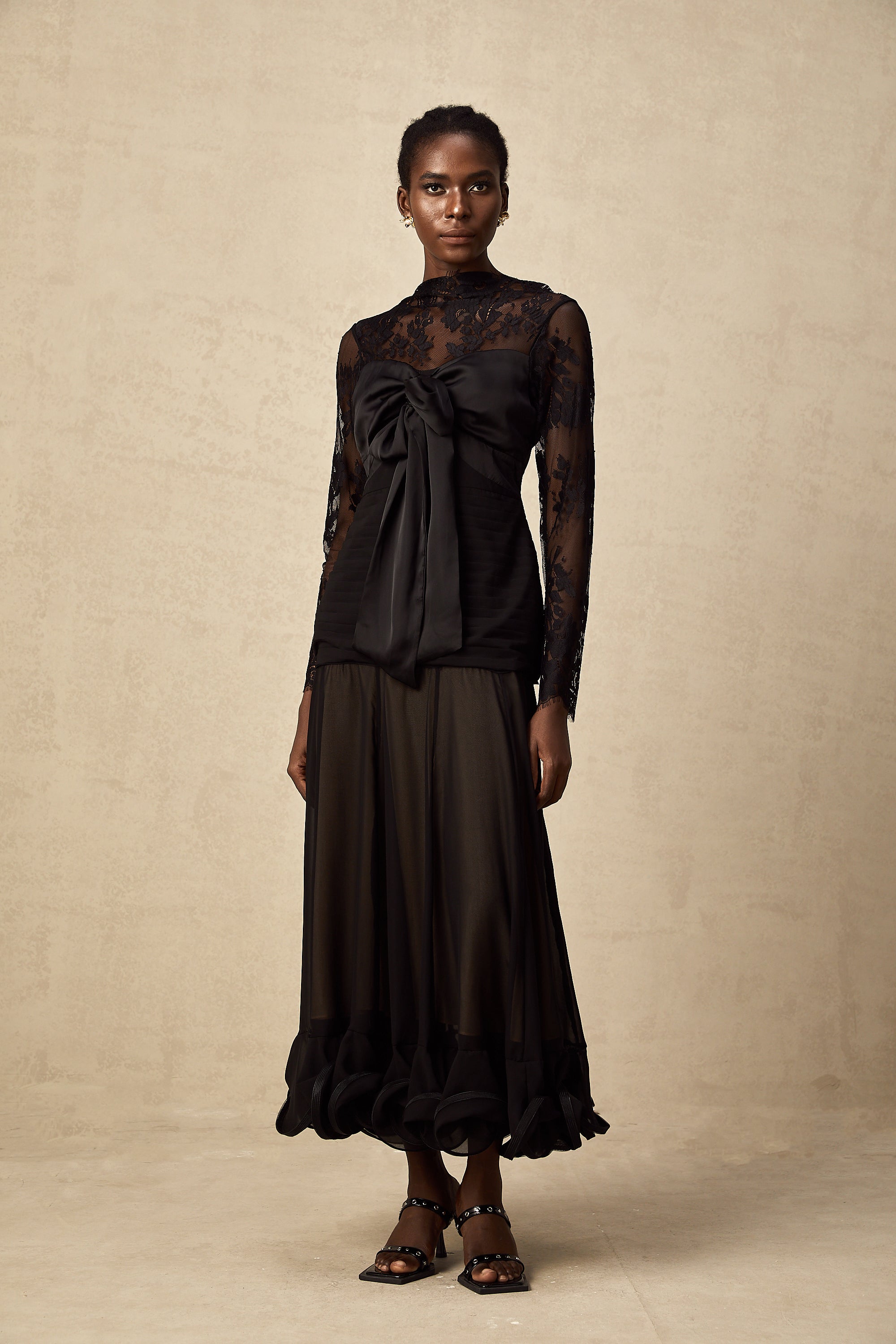 Amélie black floral-lace panelled midi dress (US Only)