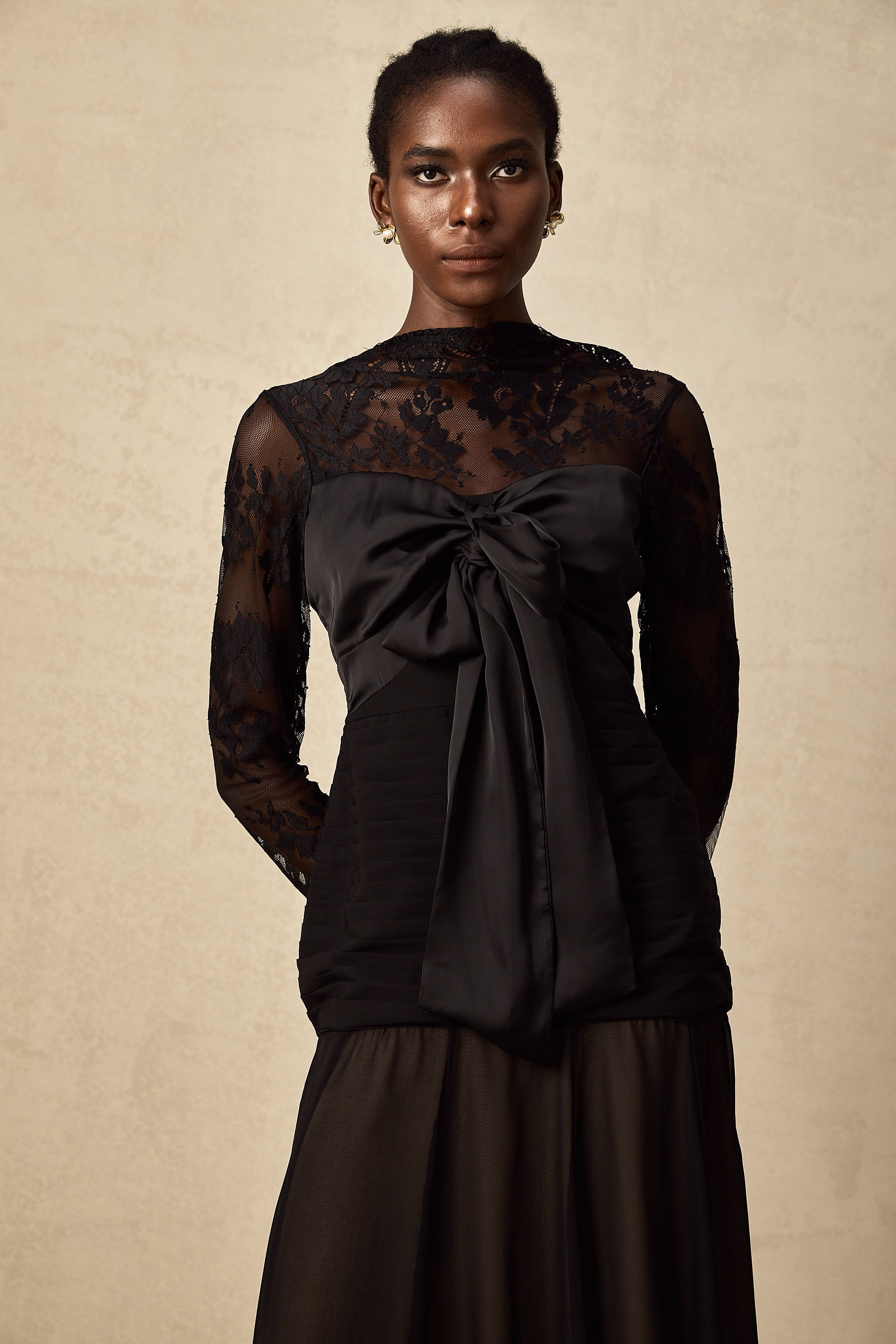Amélie black floral-lace panelled midi dress (US Only)