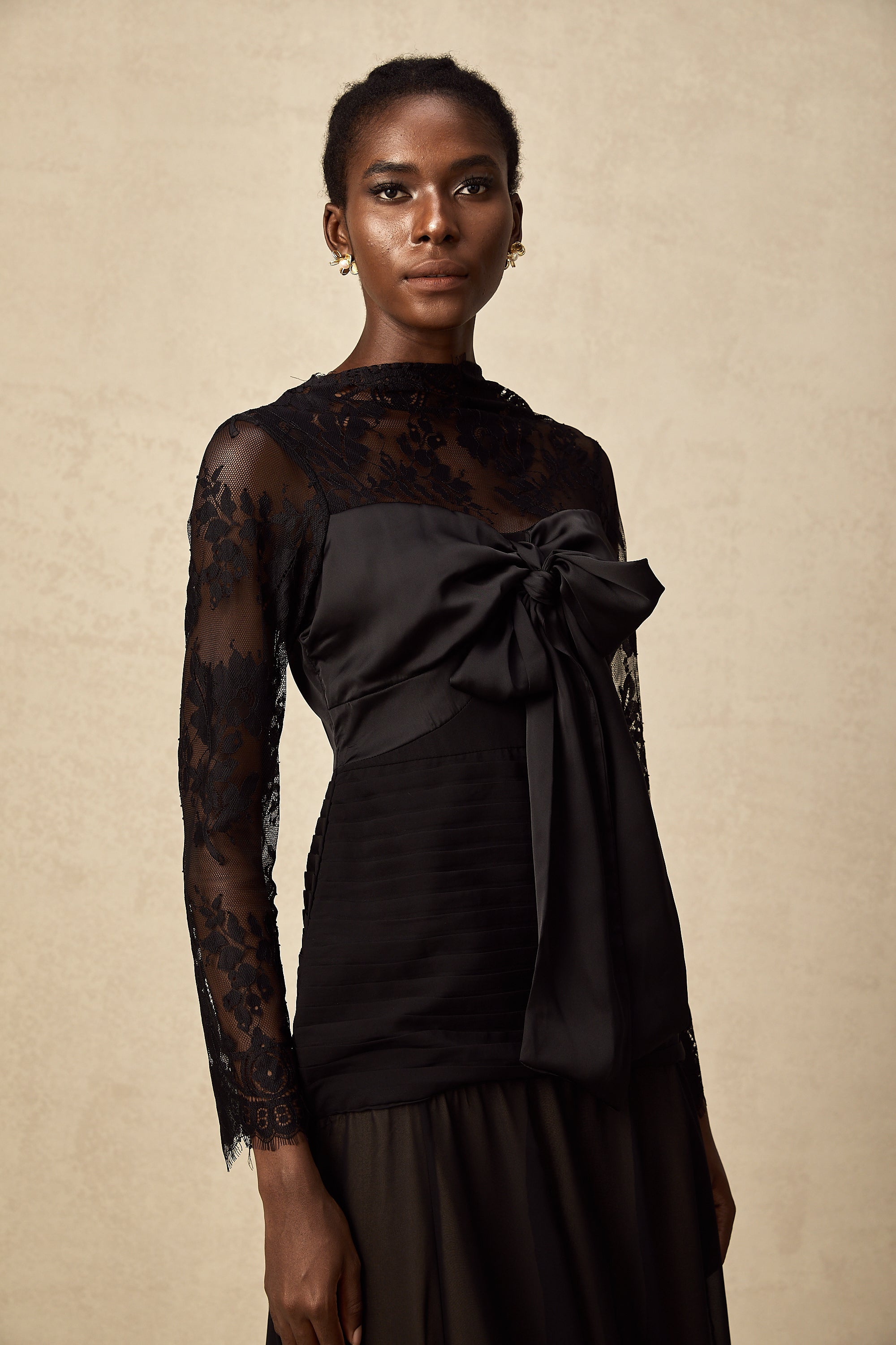 Amélie black floral-lace panelled midi dress (US Only)