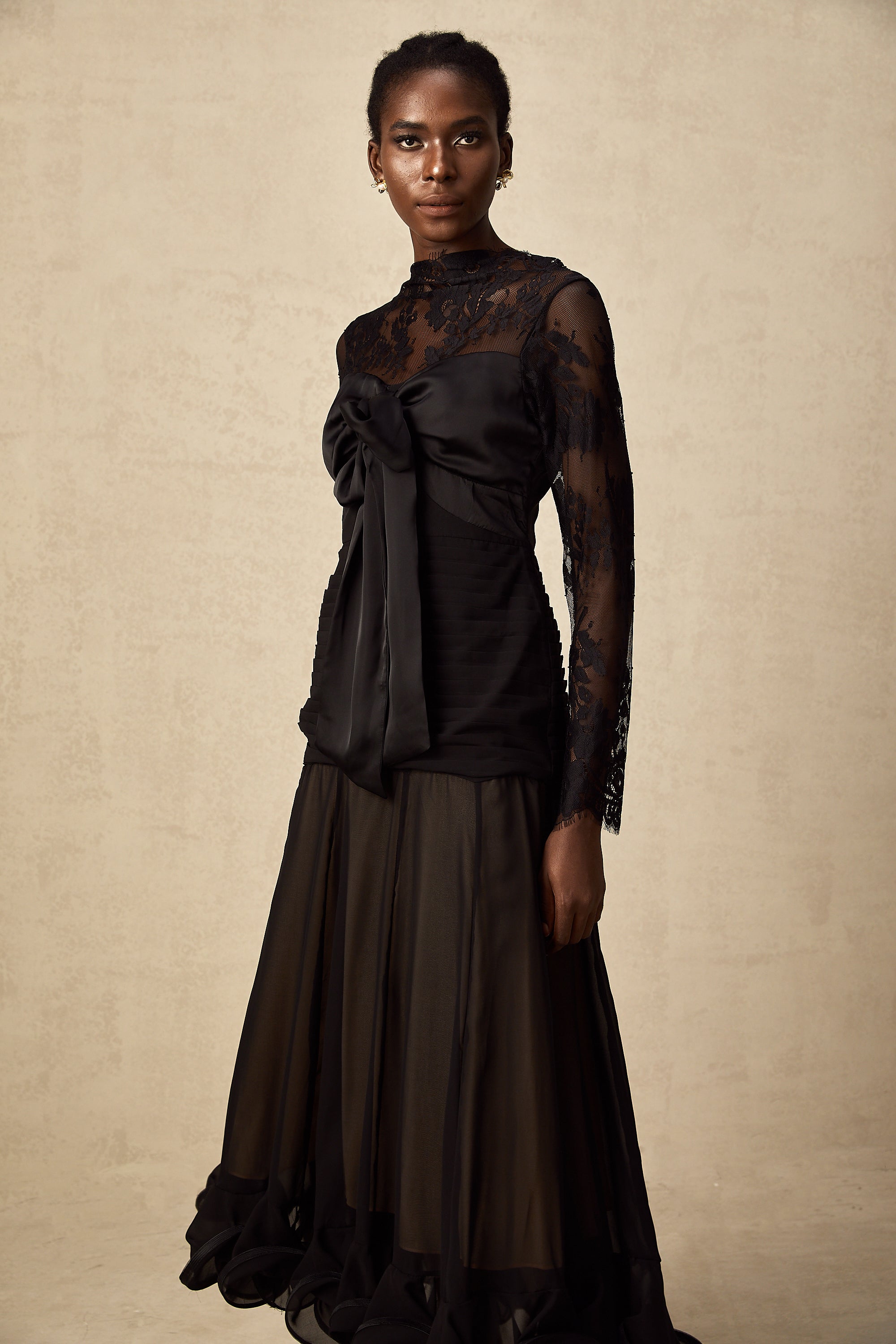 Amélie black floral-lace panelled midi dress (US Only)