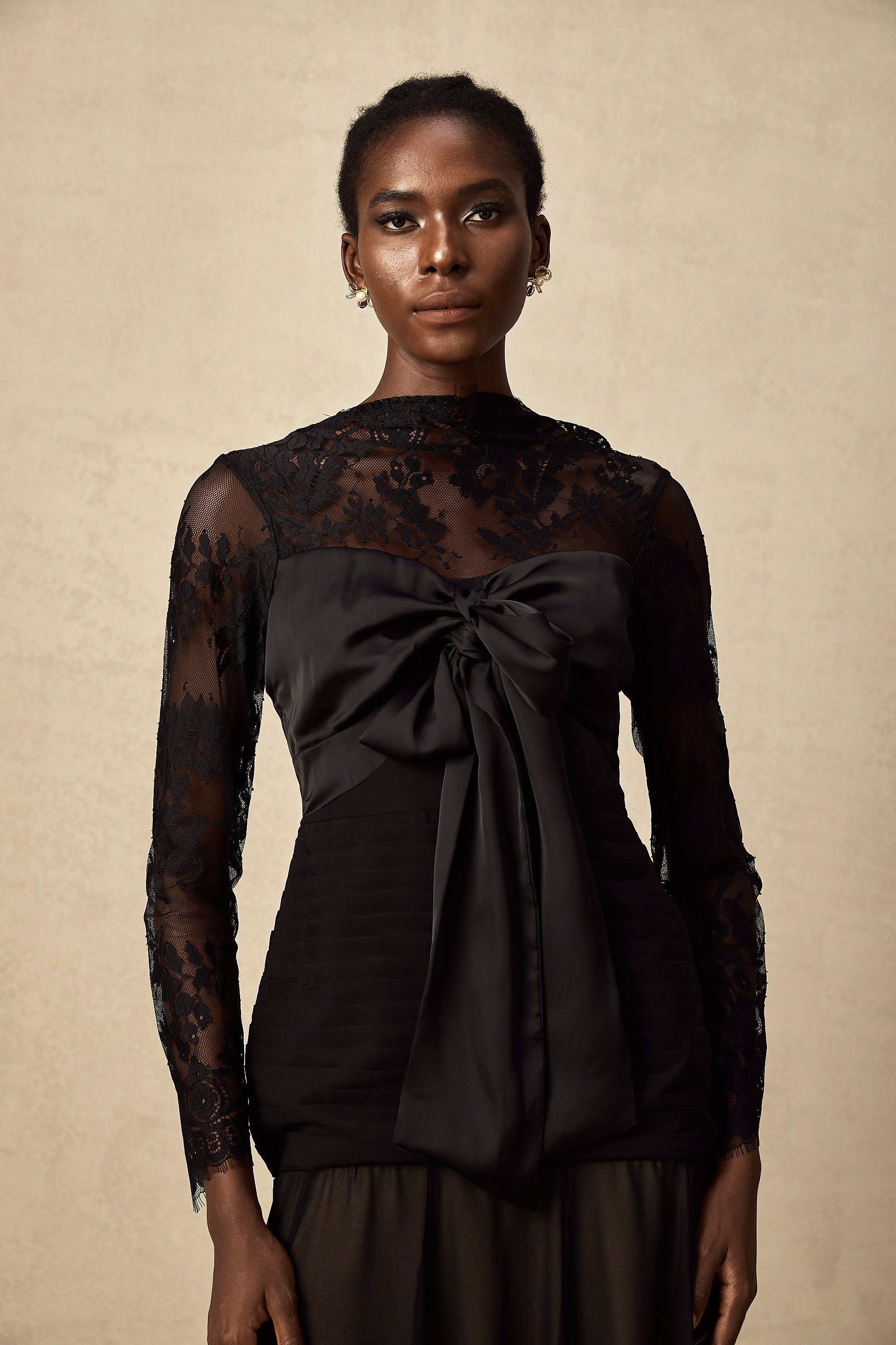 Amélie black floral-lace panelled midi dress (US Only)