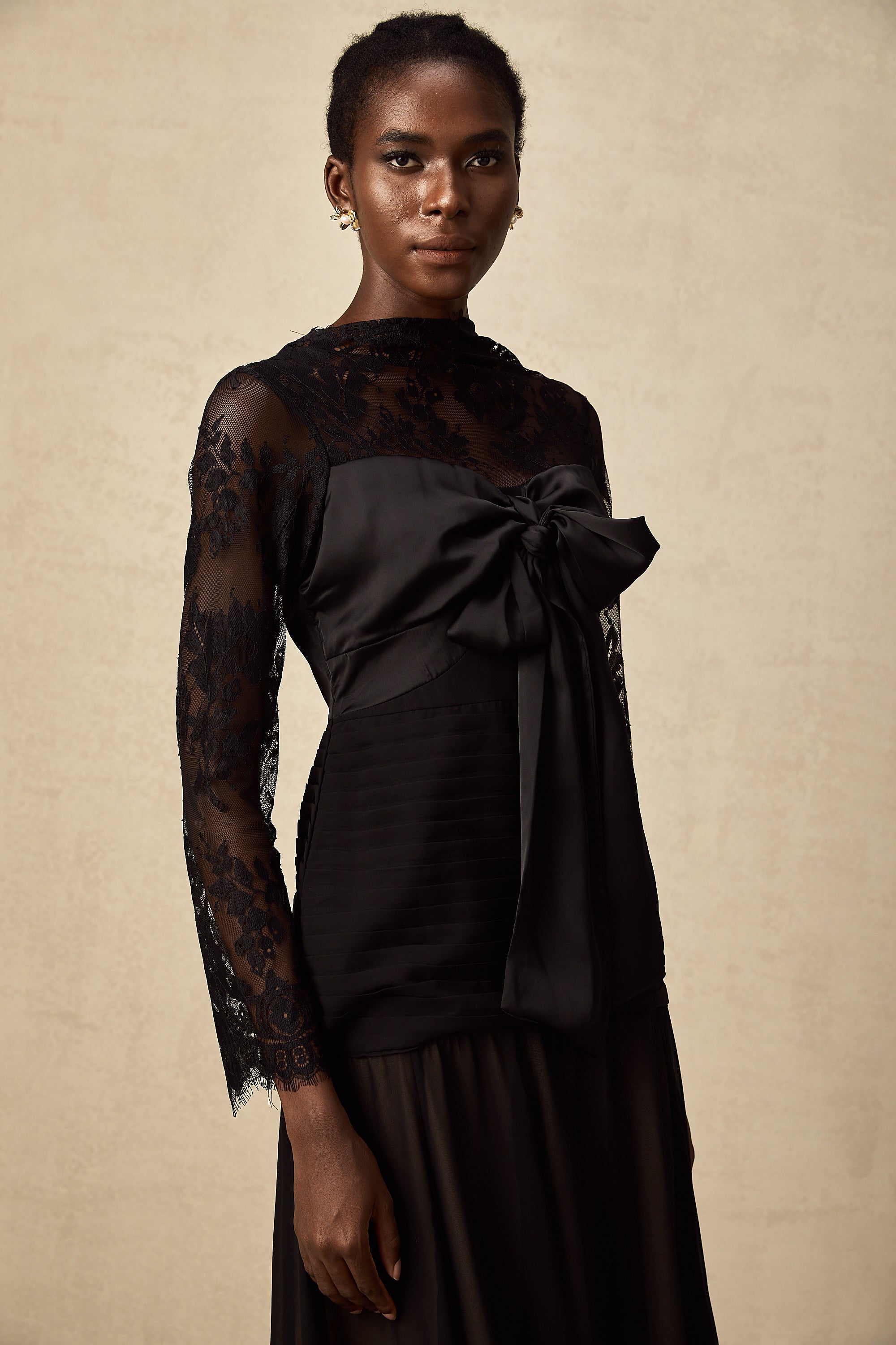 Amélie black floral-lace panelled midi dress (US Only)