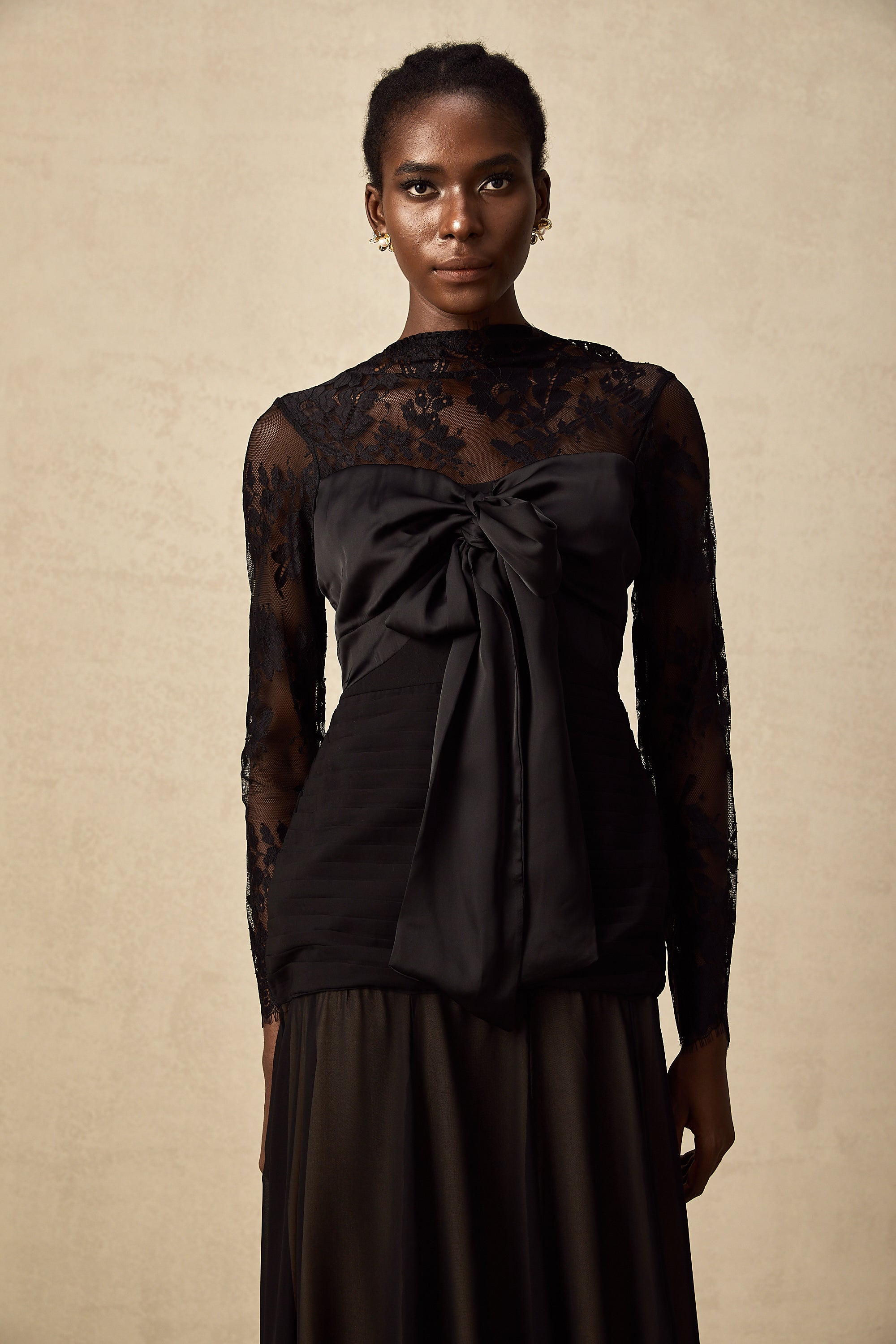 Amélie black floral-lace panelled midi dress (US Only)