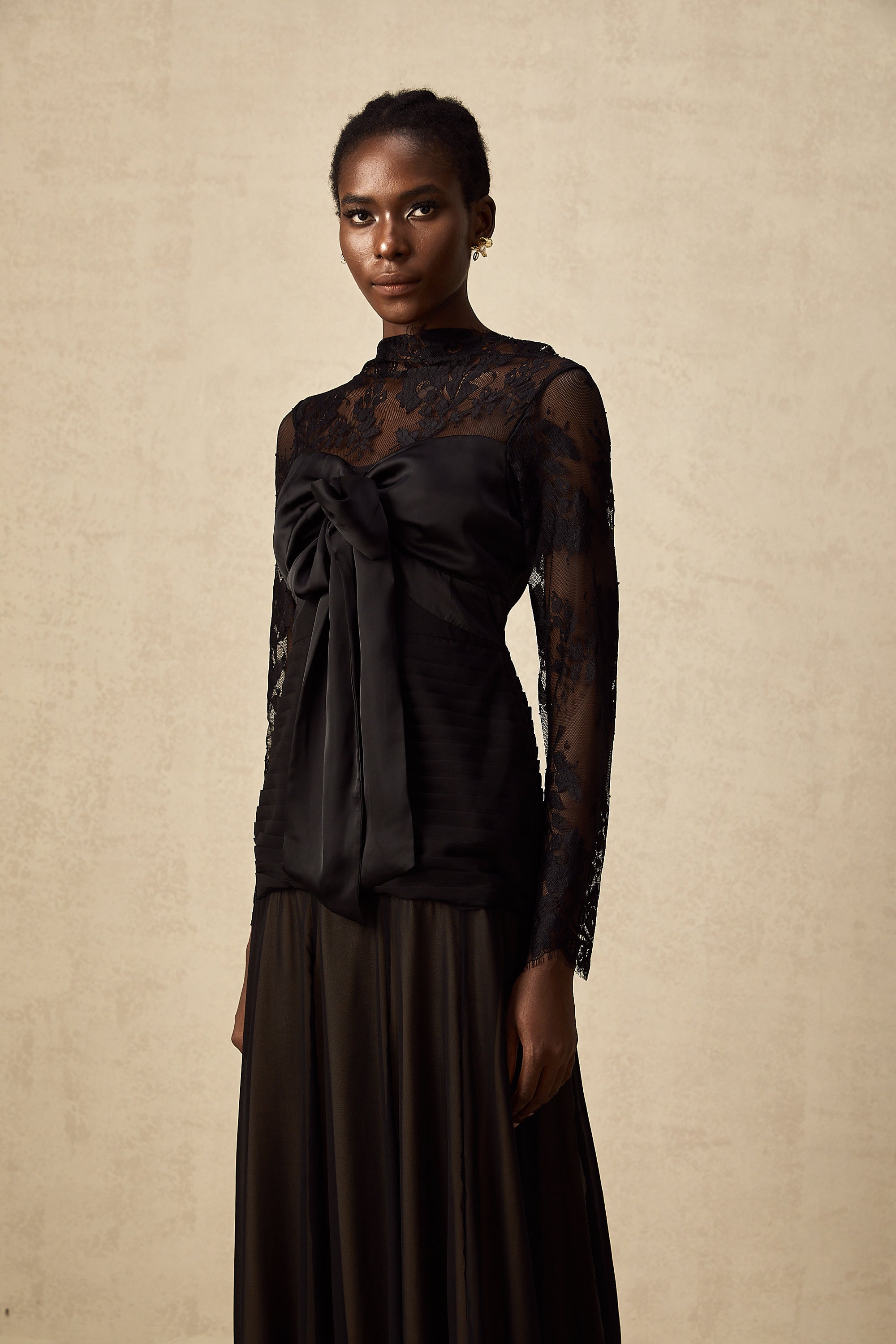 Amélie black floral-lace panelled midi dress (US Only)