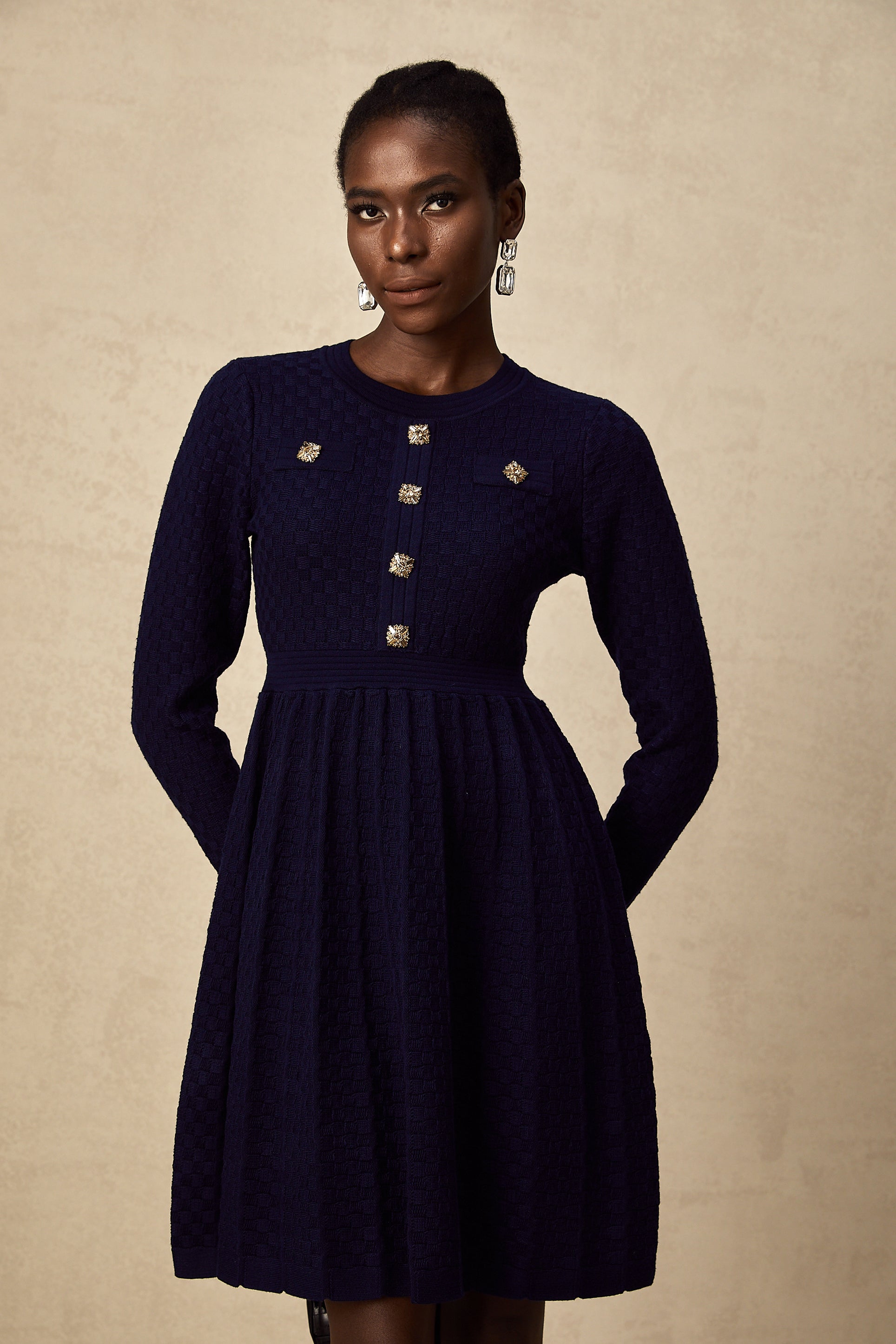 Rhéane navy basket-weave mini dress