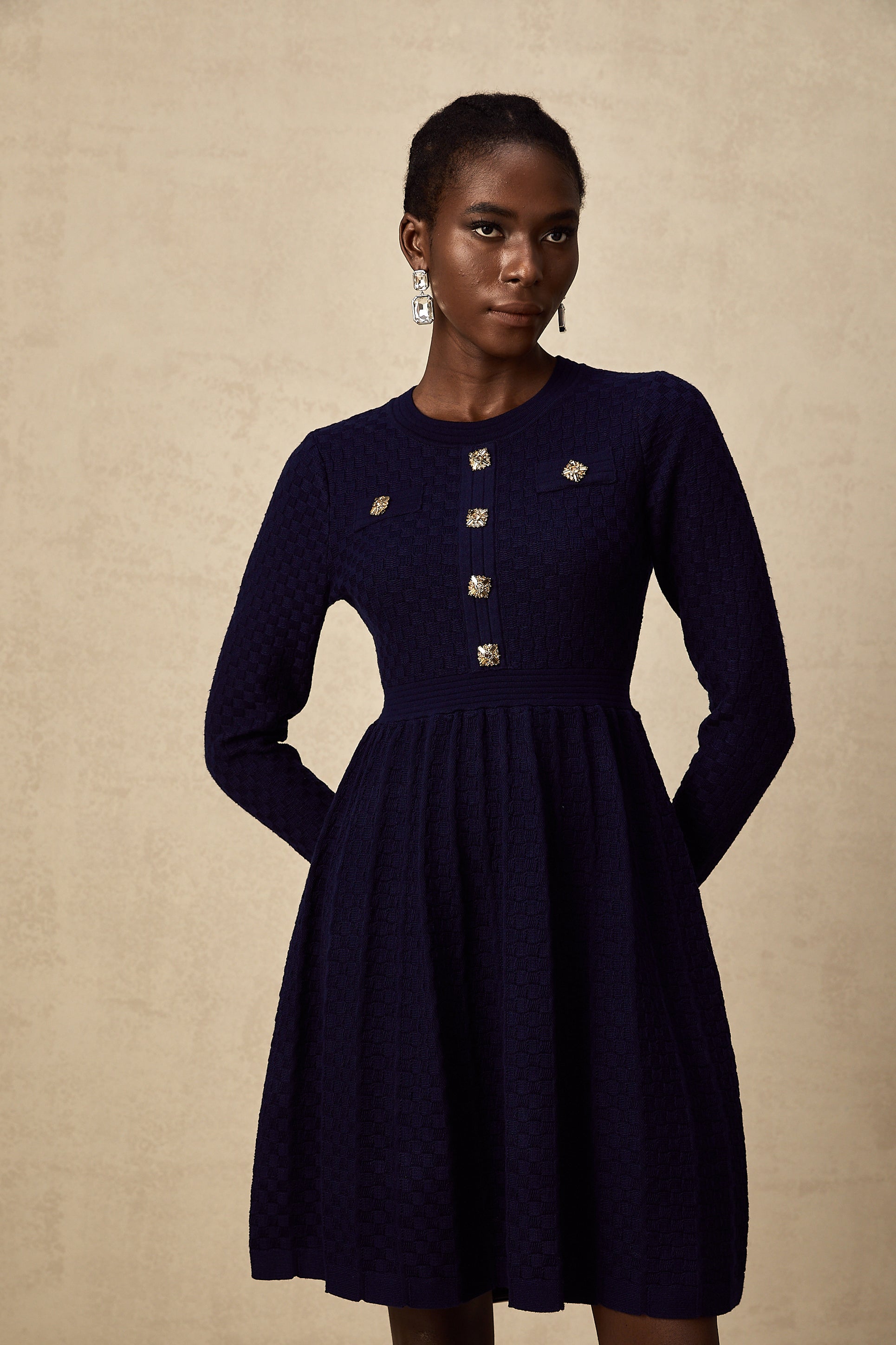 Rhéane navy basket-weave mini dress