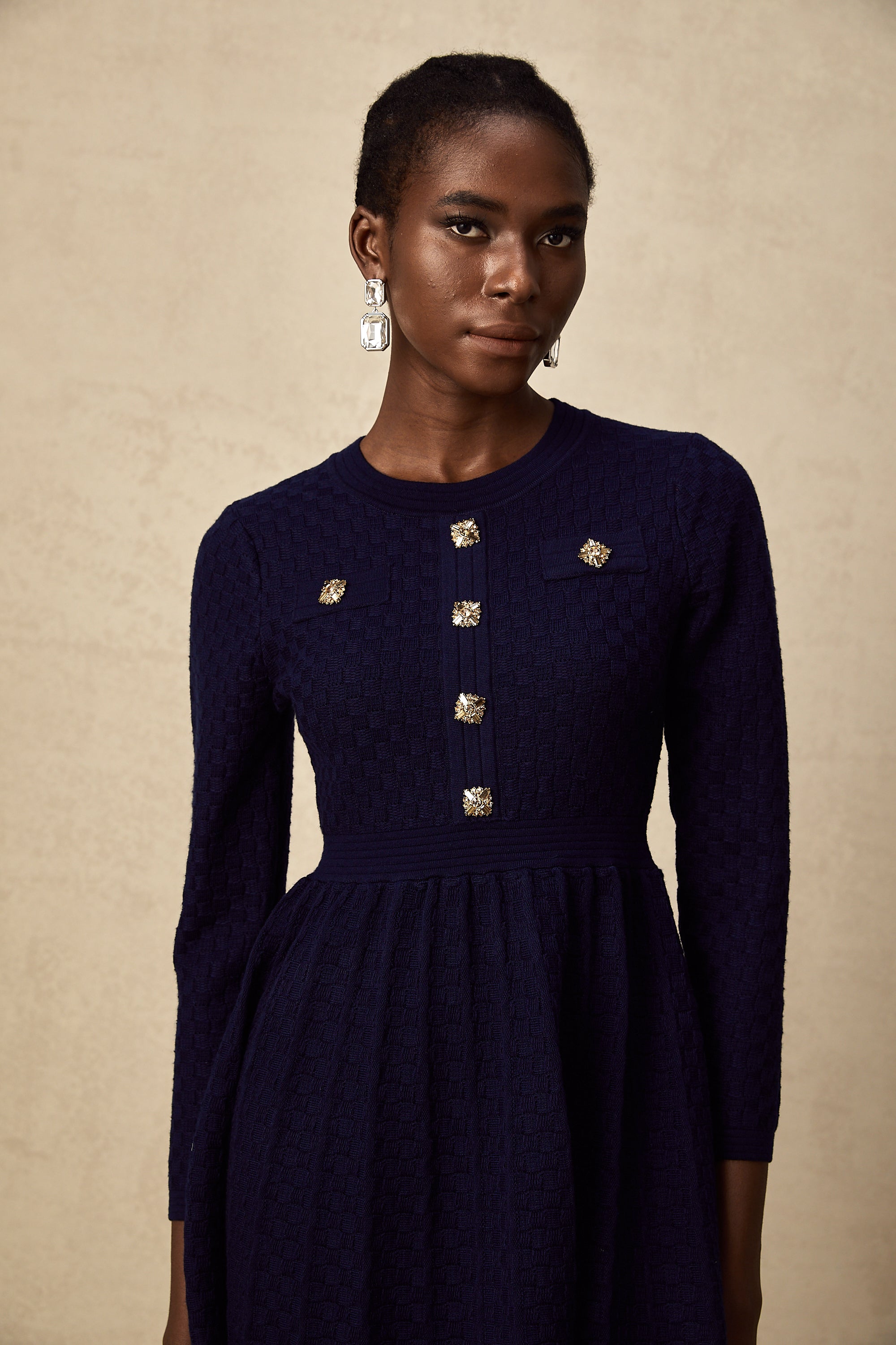 Rhéane navy basket-weave mini dress