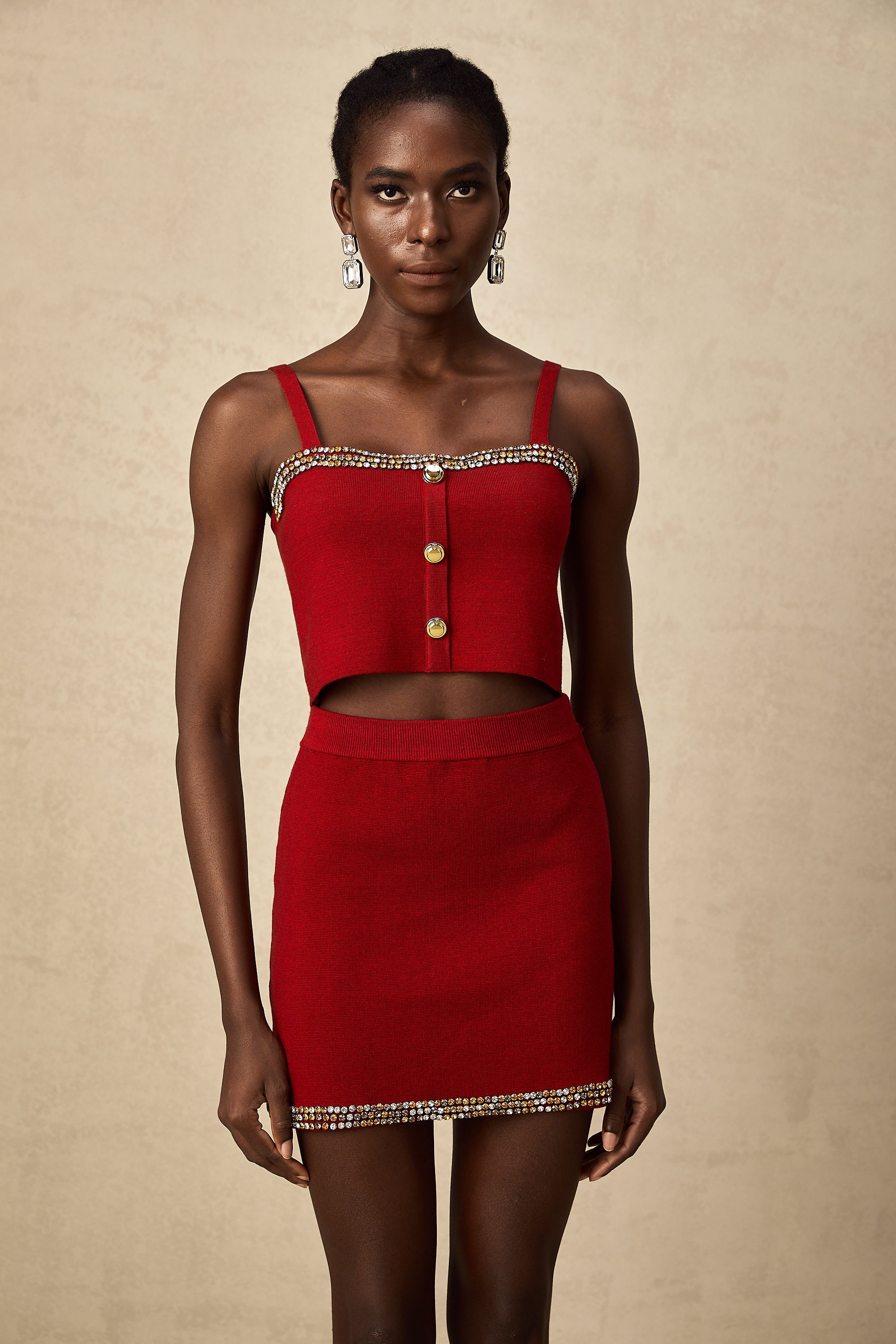 Lotus red stud knitted cardigan & vest & skirt matching set (US Only)