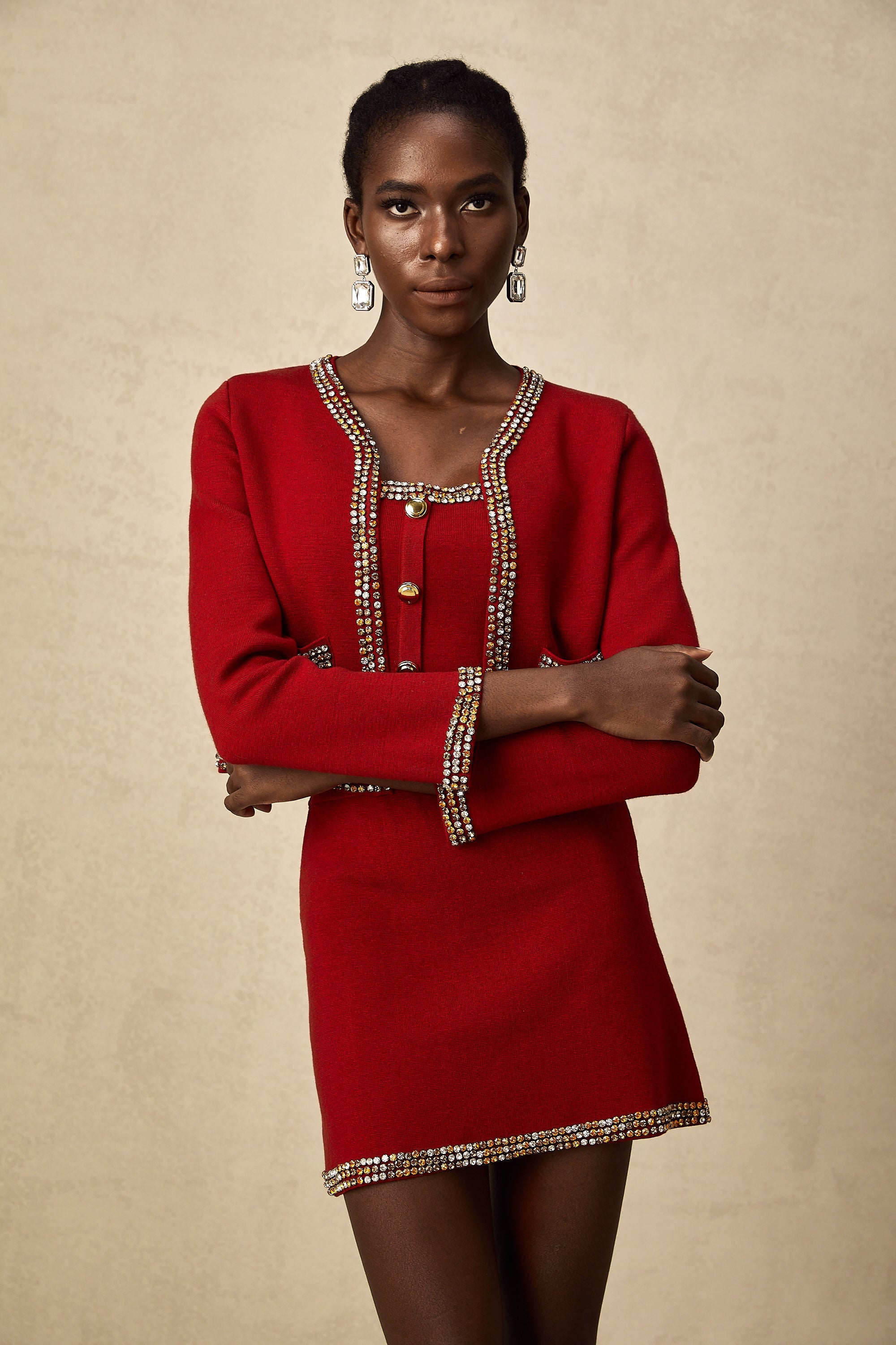 Lotus red stud knitted cardigan & vest & skirt matching set (US Only)