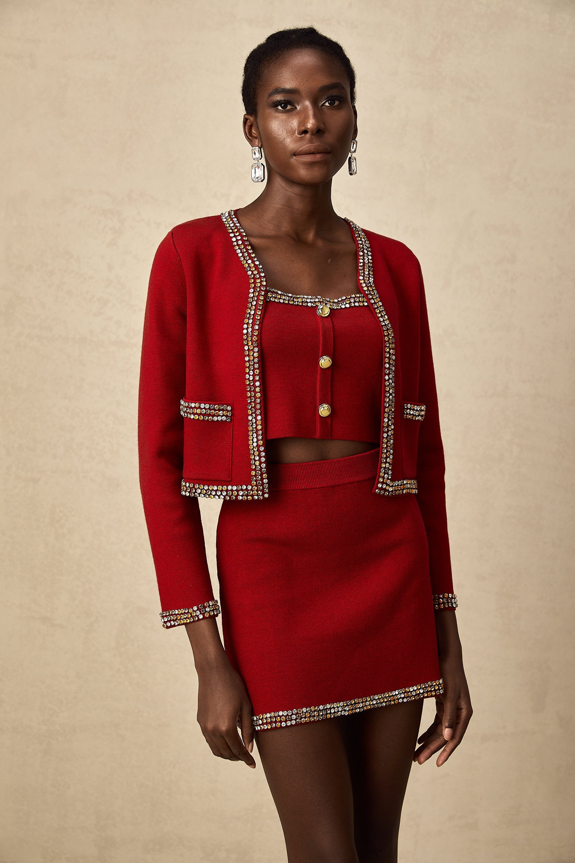 Lotus red stud knitted cardigan & vest & skirt matching set (US Only)