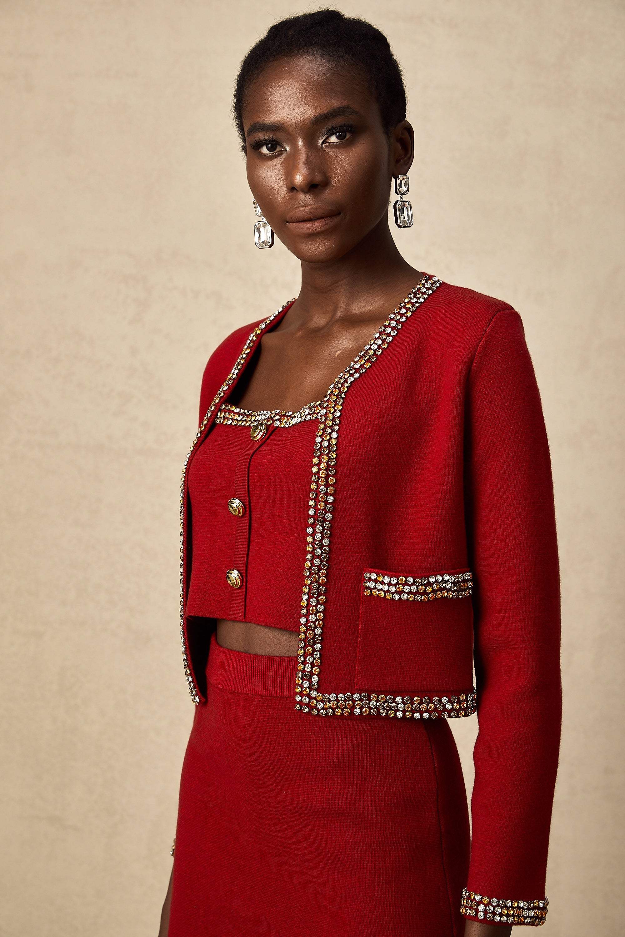 Lotus red stud knitted cardigan & vest & skirt matching set (US Only)