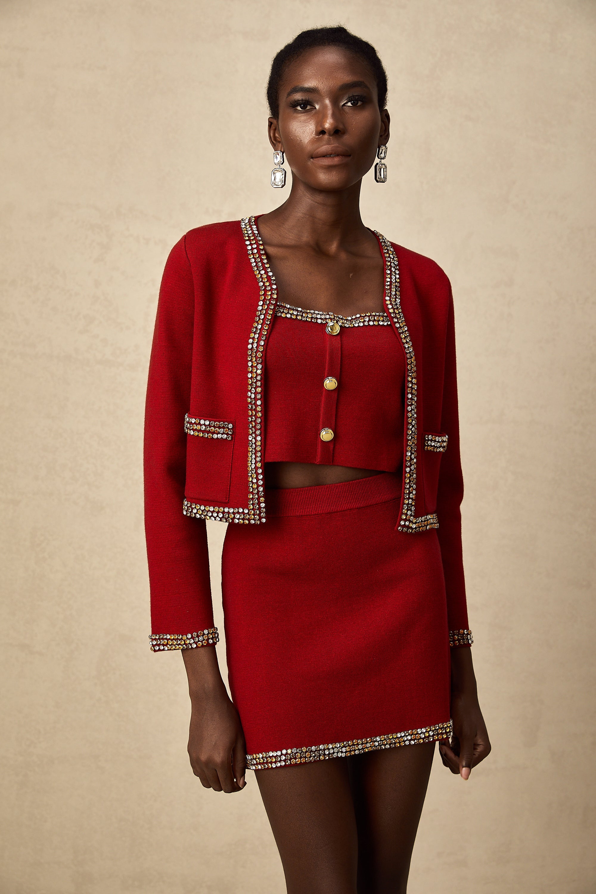 Lotus red stud knitted cardigan & vest & skirt matching set (US Only)