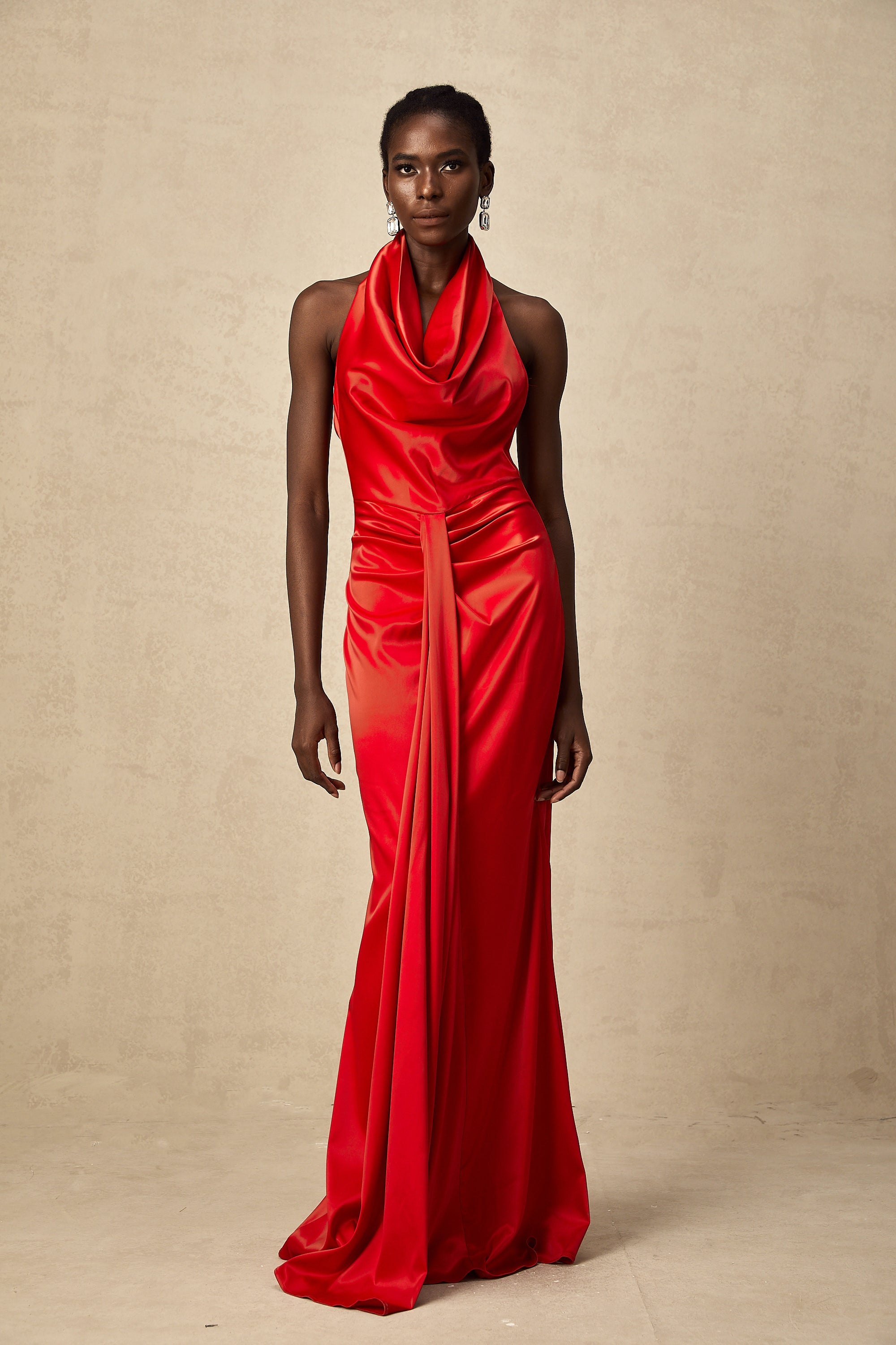 Alix red halterneck draped satin maxi dress (Final Sale-US Only)