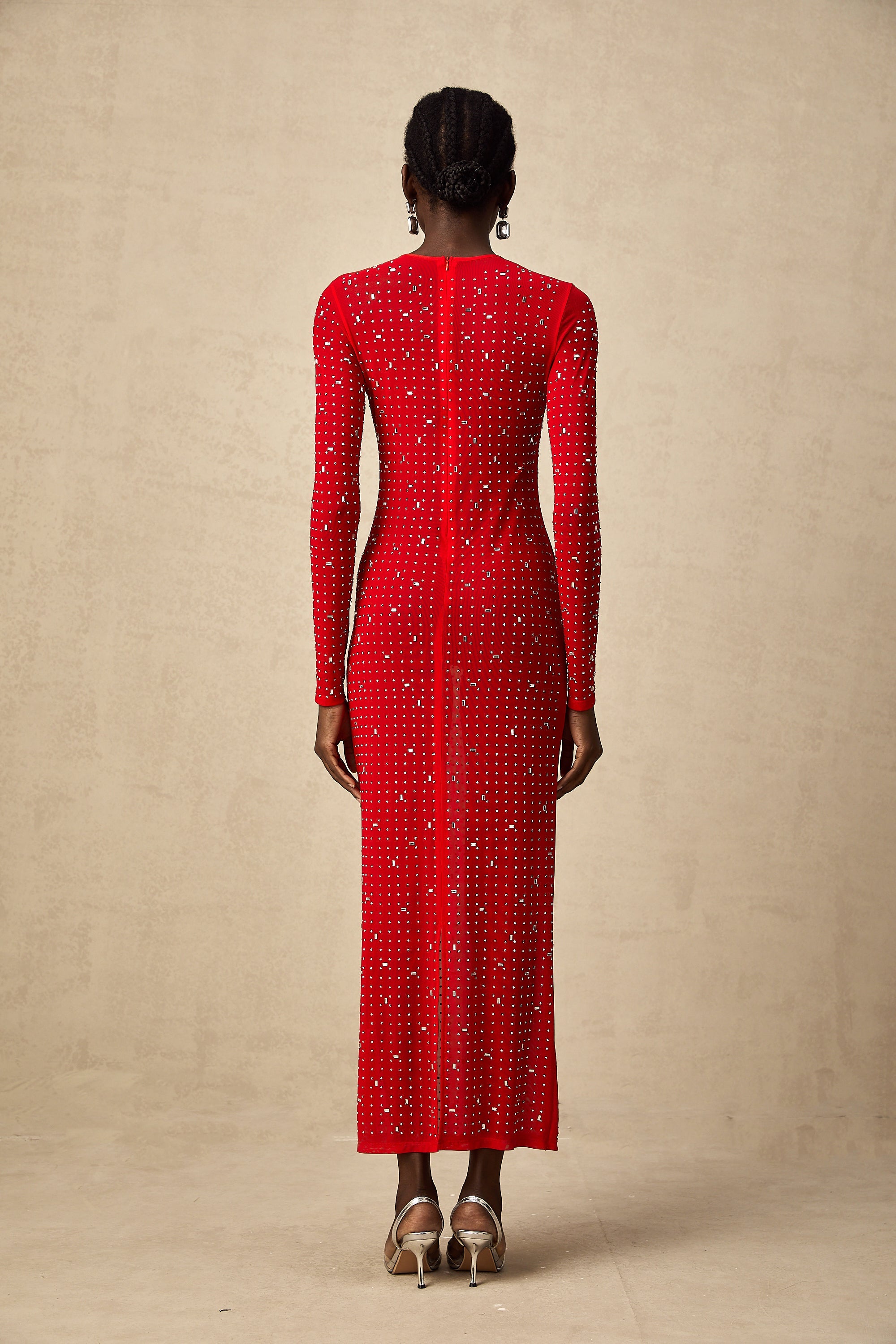 Ghislaine red rhinestone tulle maxi dress (US Only)