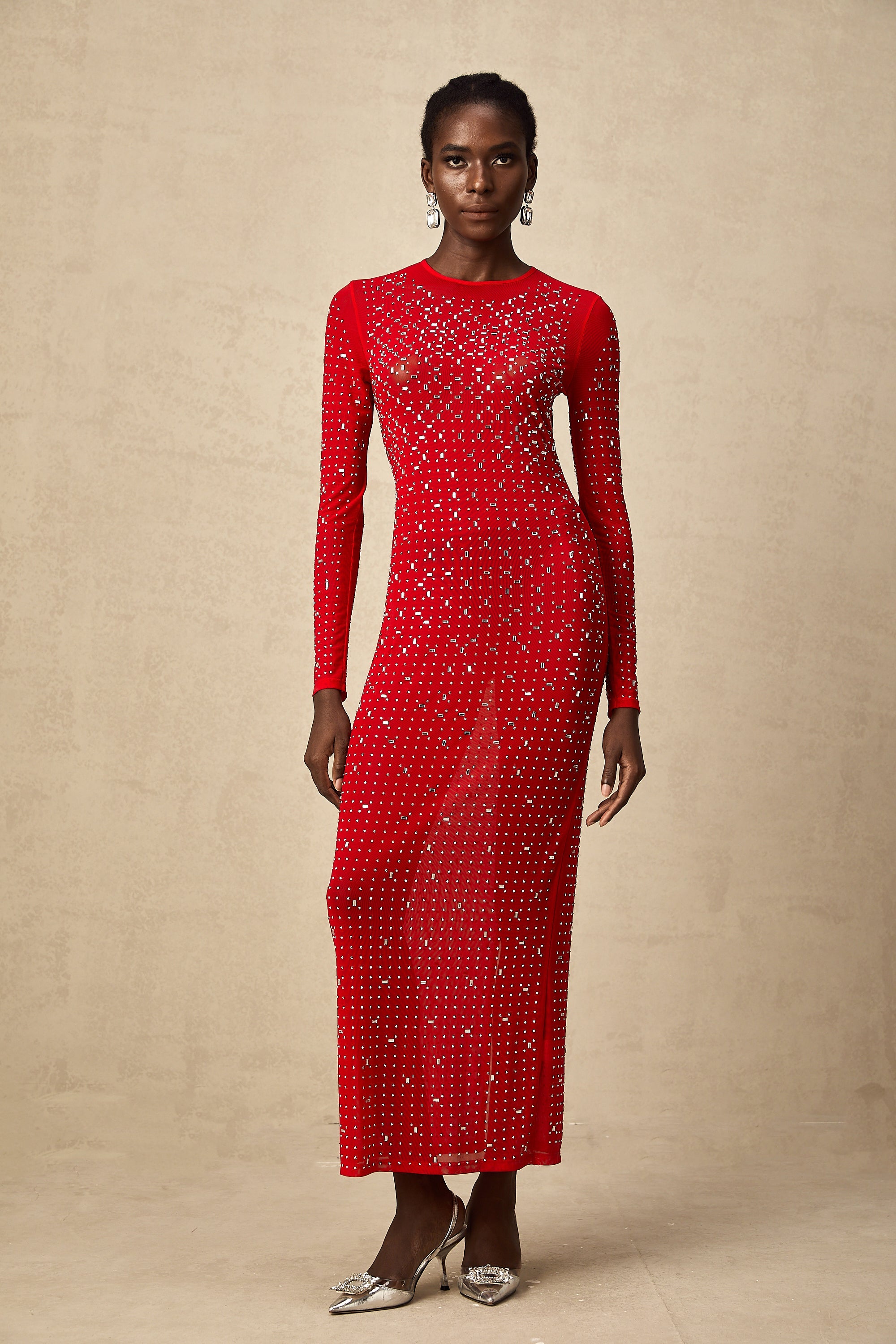 Ghislaine red rhinestone tulle maxi dress (US Only)