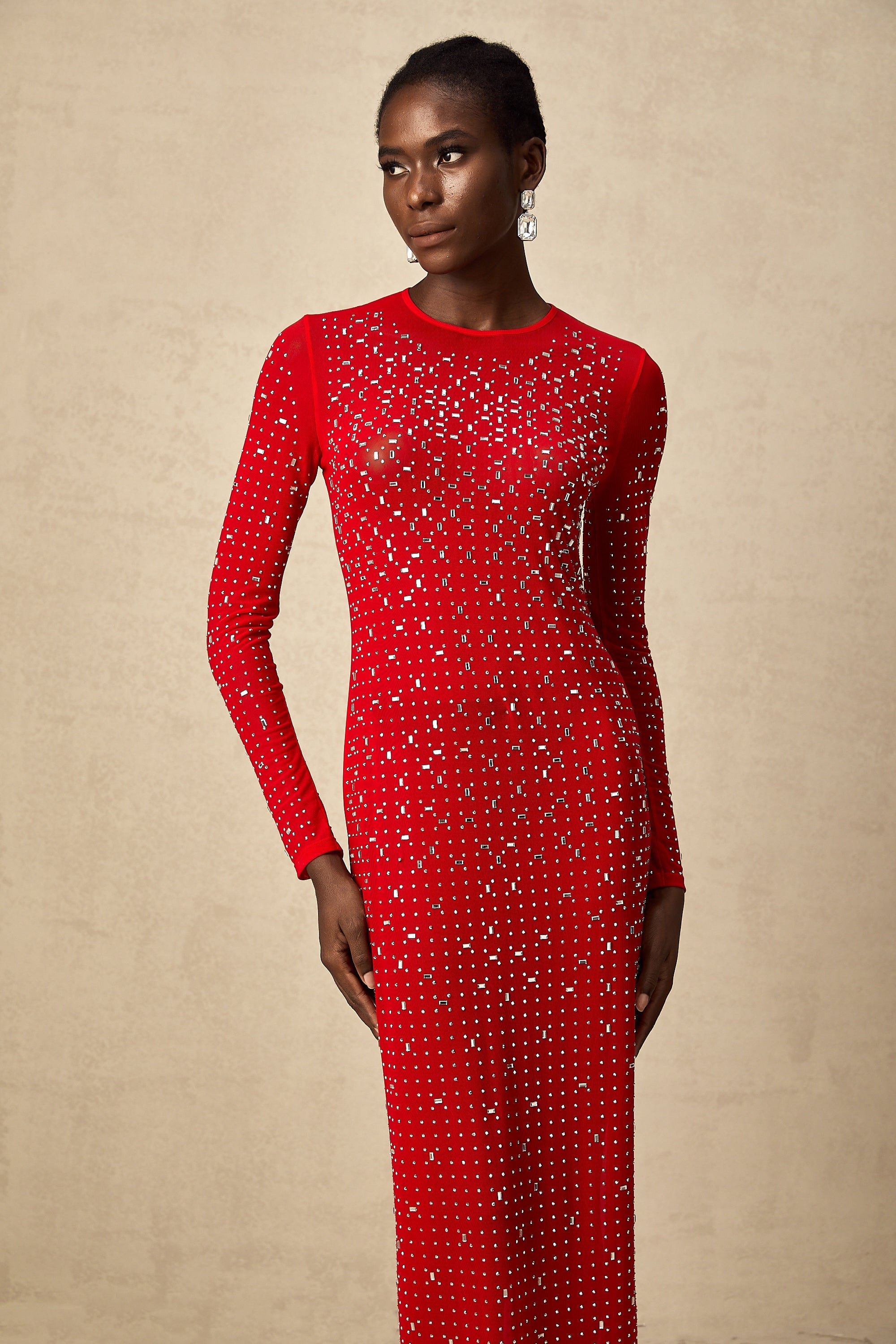 Ghislaine red rhinestone tulle maxi dress (US Only)