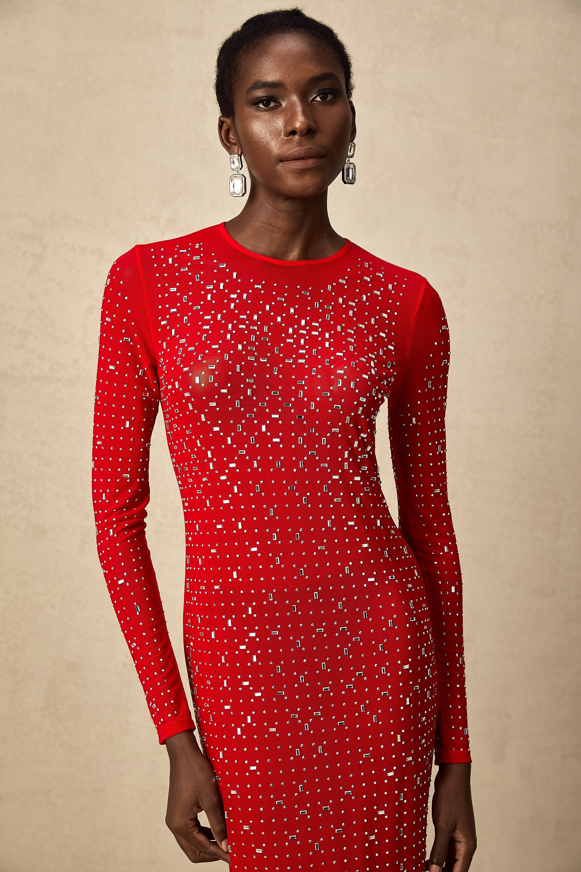 Ghislaine red rhinestone tulle maxi dress (US Only)