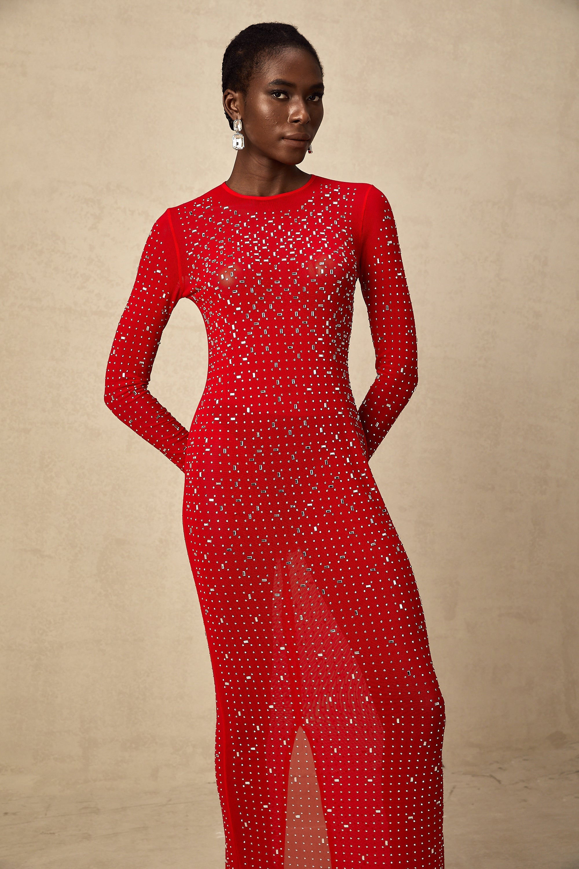 Ghislaine red rhinestone tulle maxi dress (US Only)