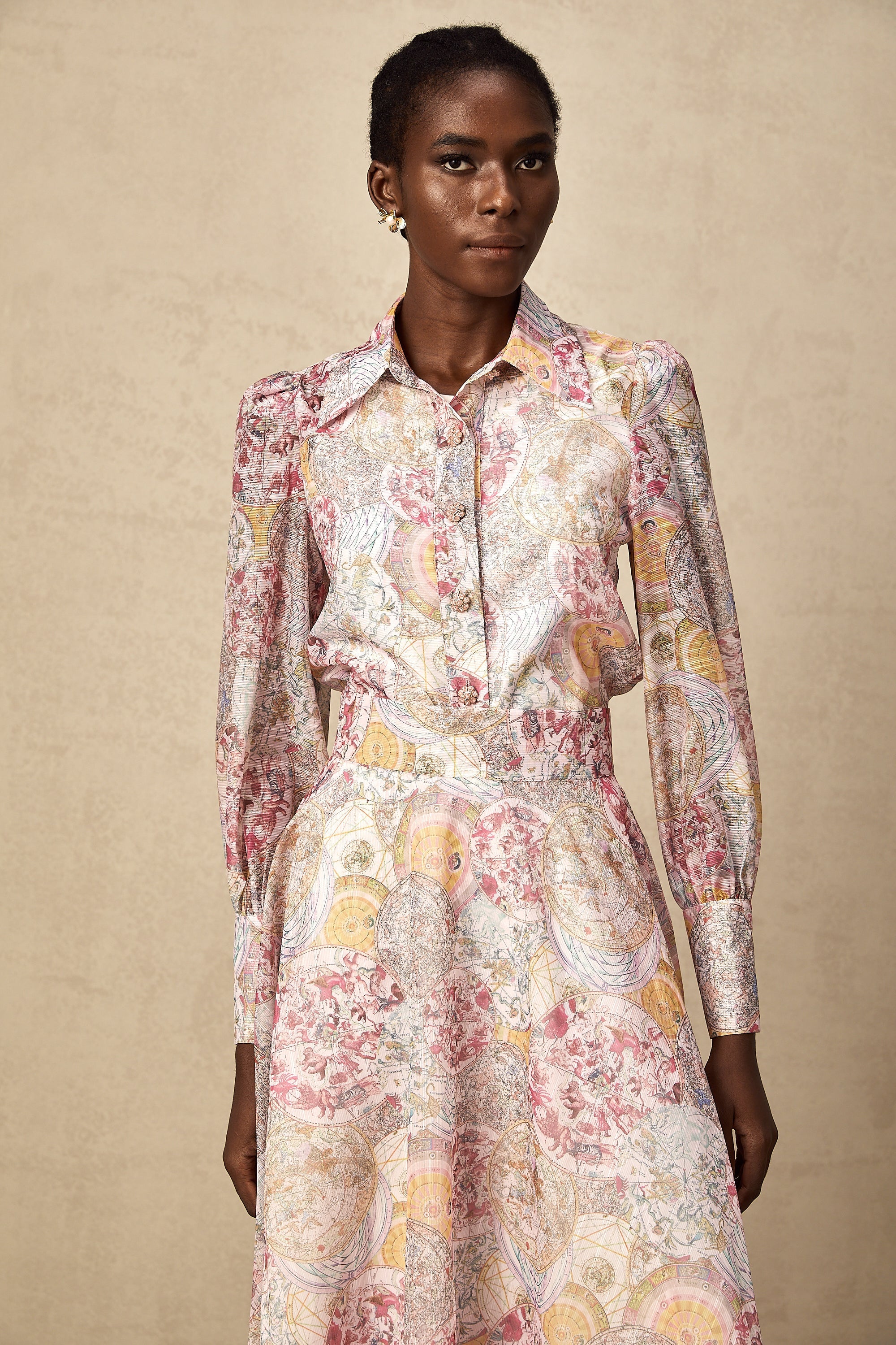 Cherry pink pattern-print shirt & skirt matching set (Final Sale-US Only)
