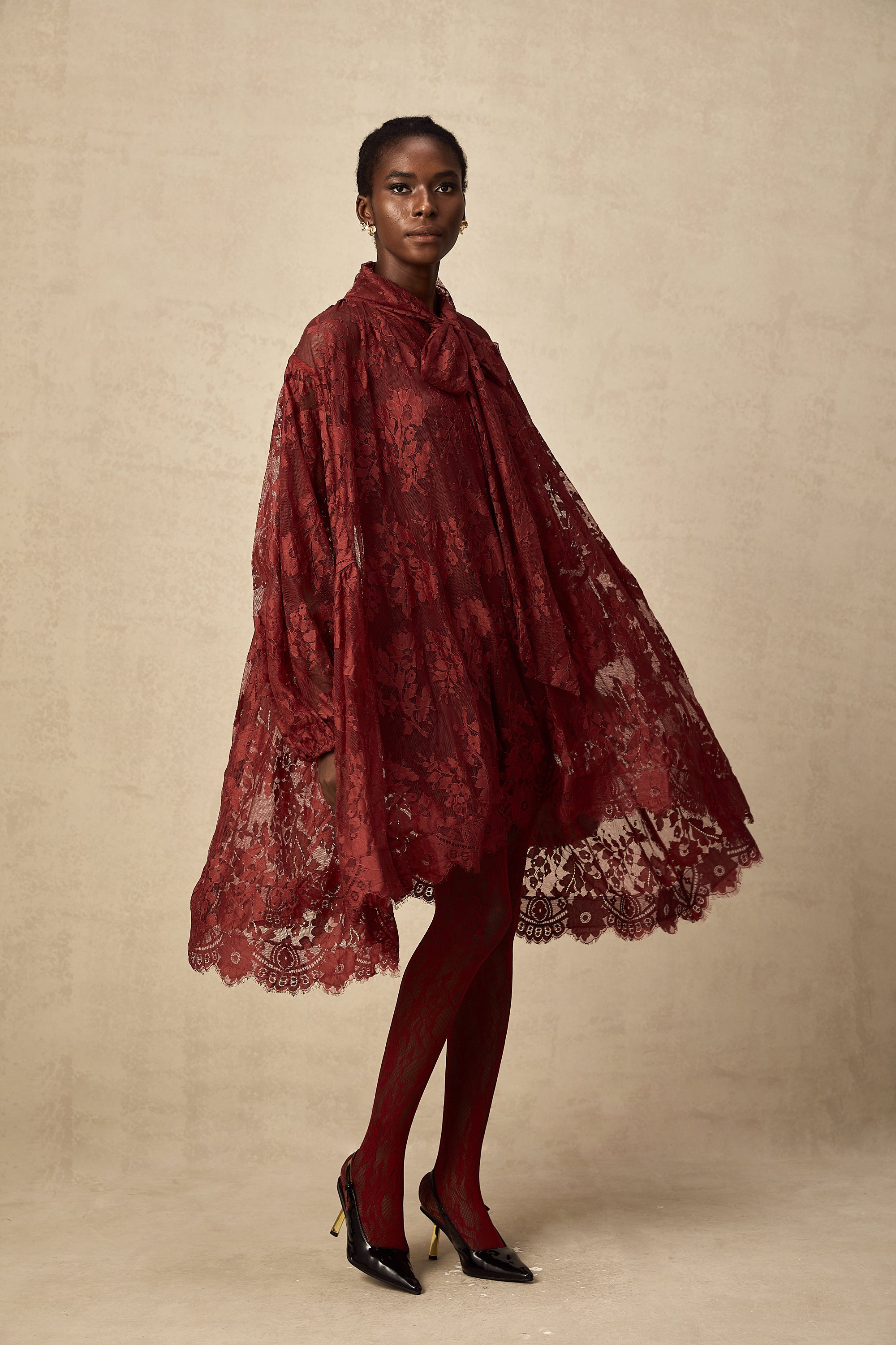 Coline red chantilly lace oversize dress (Final Sale-US Only)